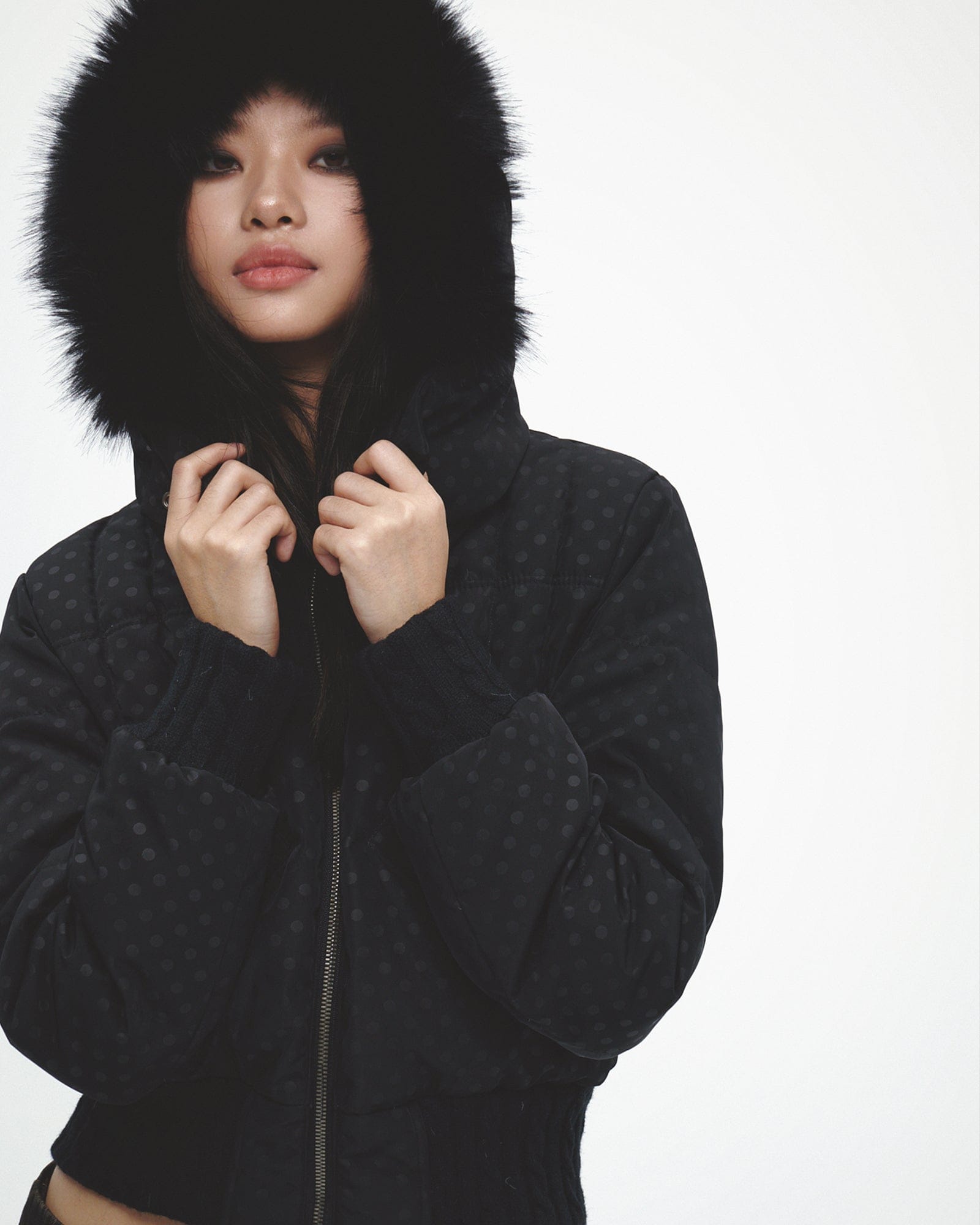 FAYCHUI Fur-Lined Hooded Polka Dot Duck Down Jacket