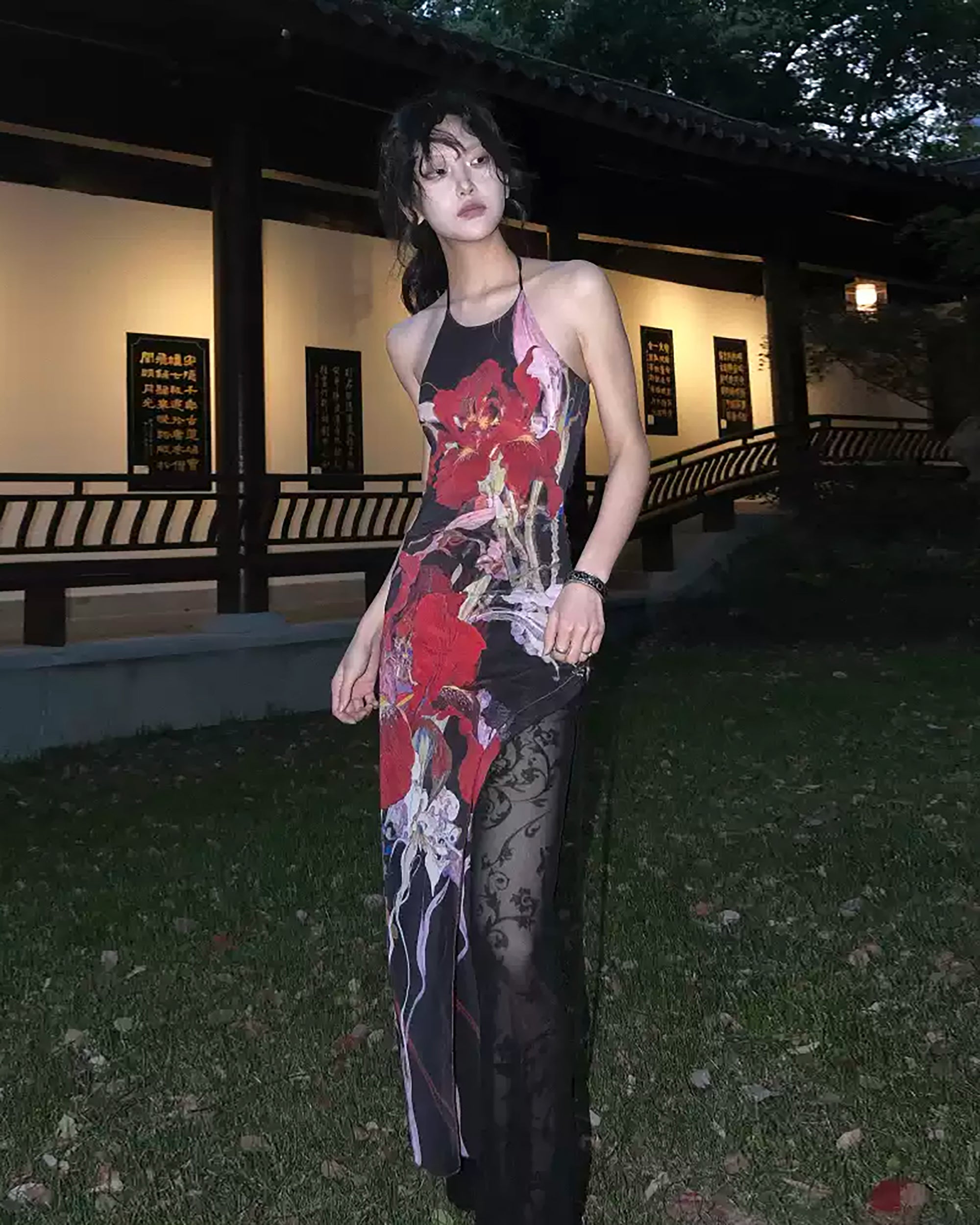 WHYNOTDANCE Asymmetrical Halter Full-Print Mesh Backless Dress