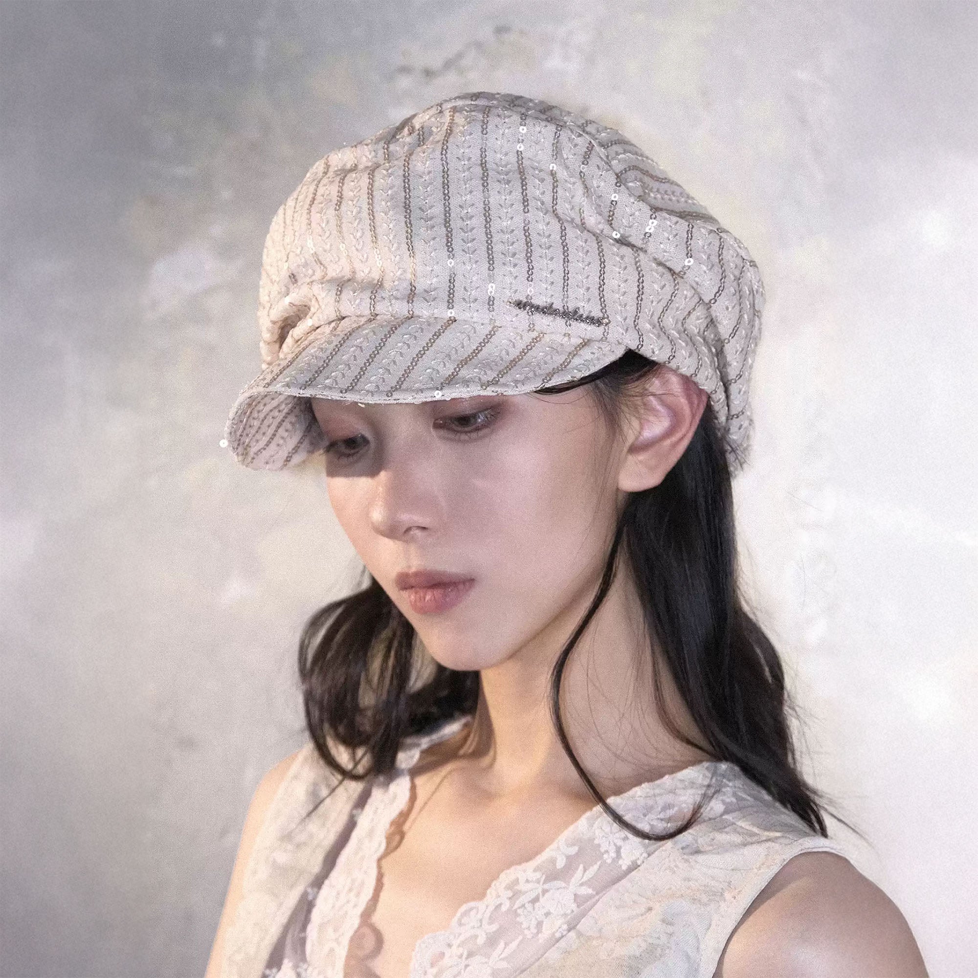 WHYNOTDANCE Sequin Embroidered Striped Newsboy Cap