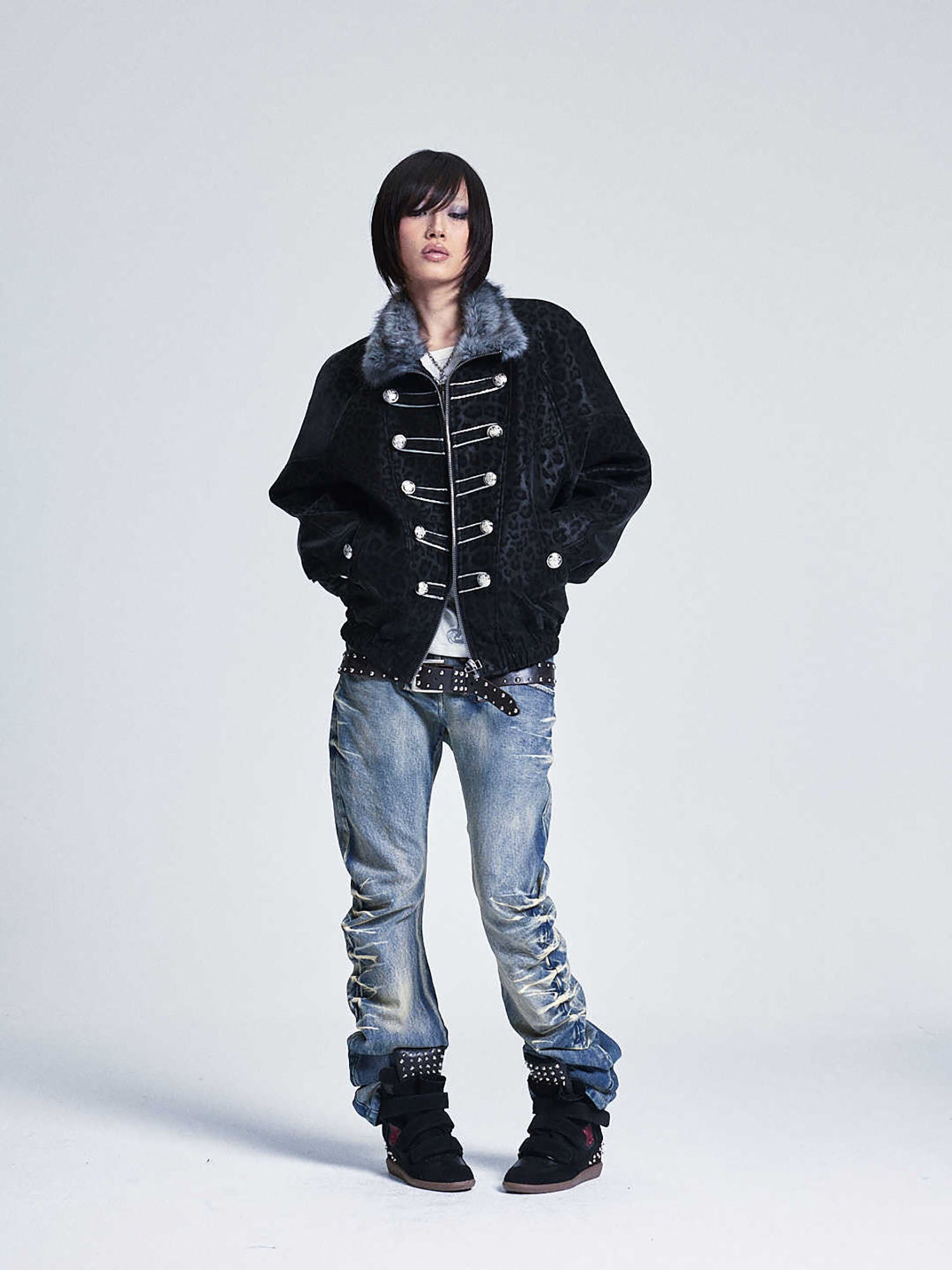 NONAME SPACE Retro Leopard Cross Patch Jacket