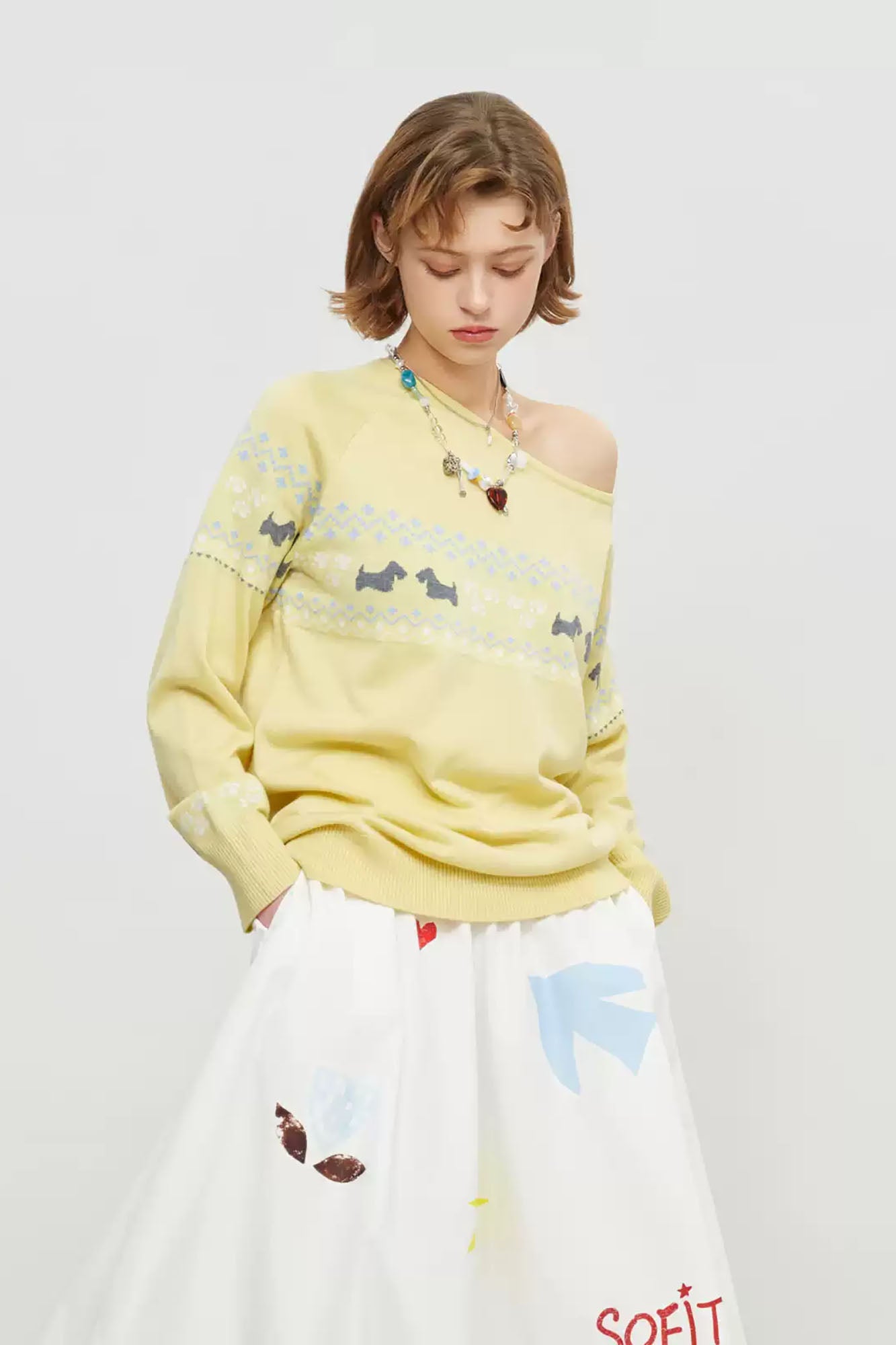 SOFITTE Off-Shoulder Dog Jacquard Sweater