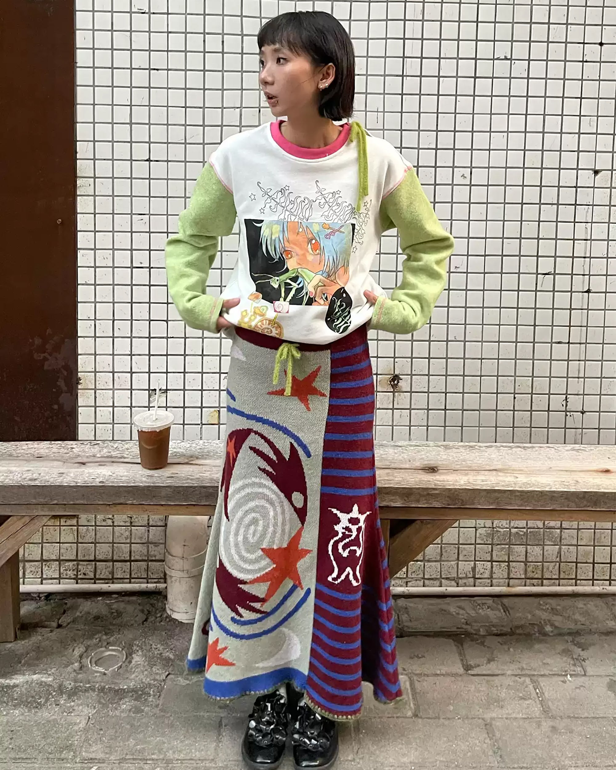 UNSOCIAL NIGHT Swirl Bird Knit Wool-Blend Midi Skirt