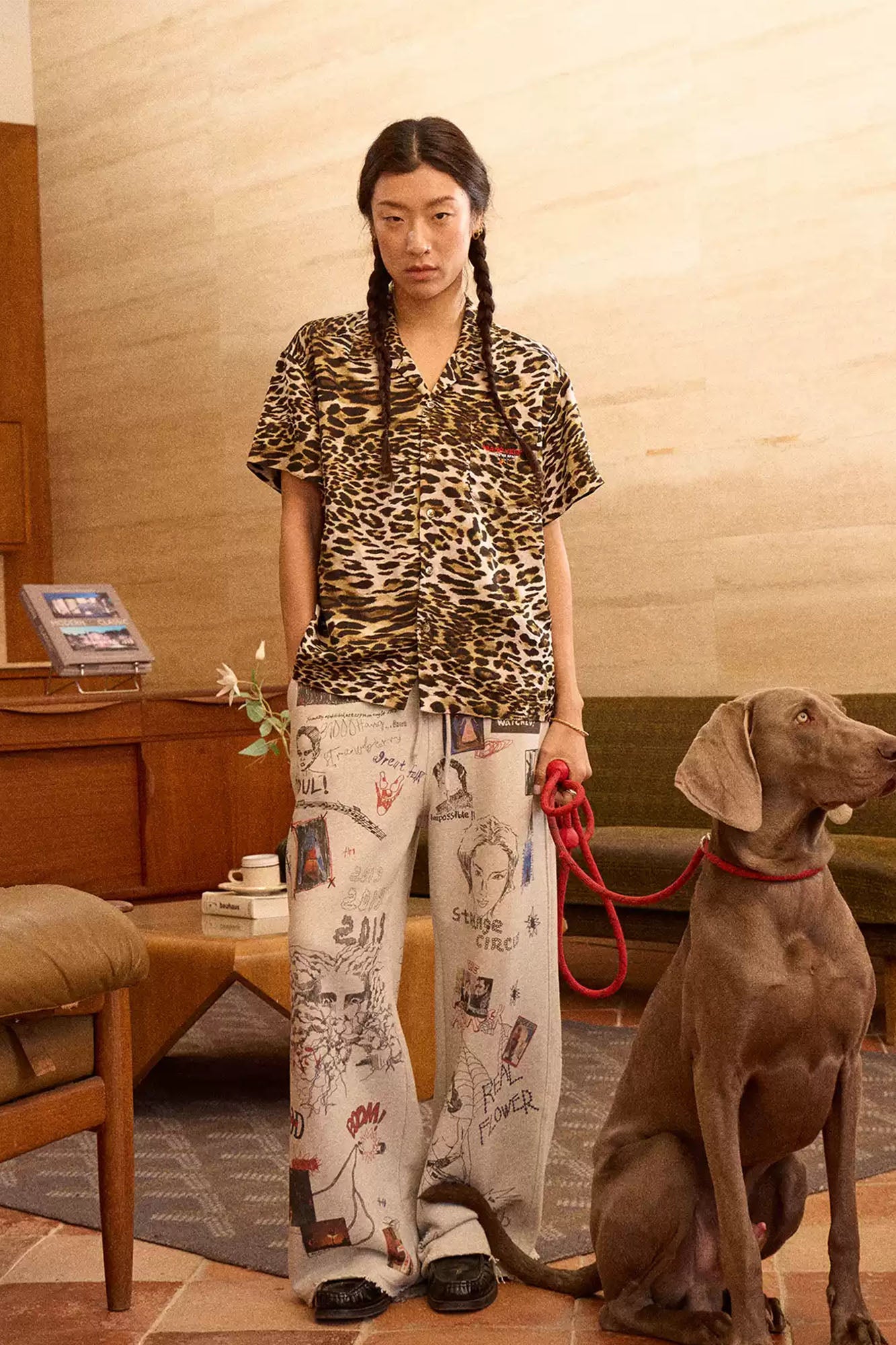 NIANJIUYIKOUER Leopard Full-Print Linen-Blend Half Shirt
