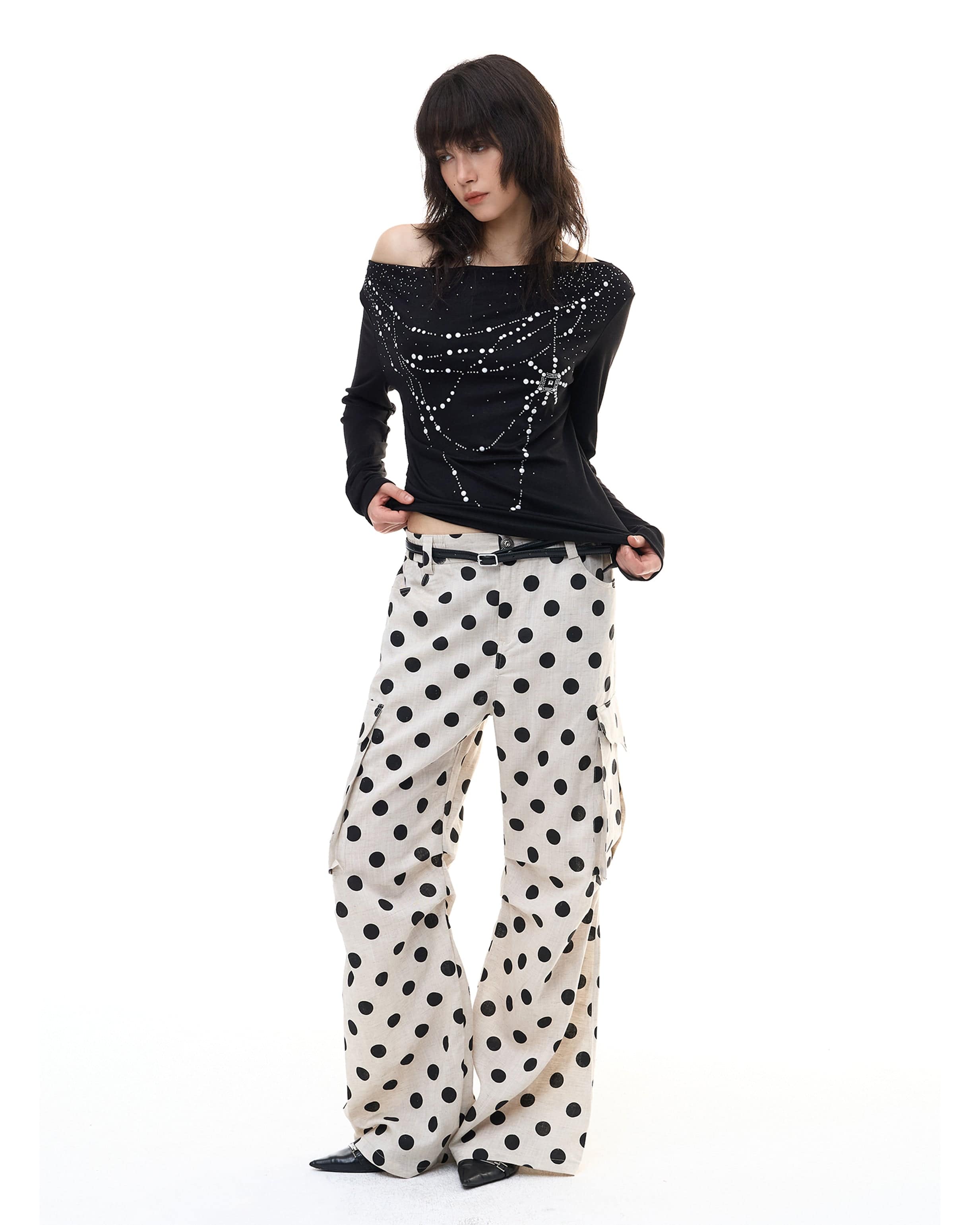 FAYCHUI Tencel-Linen Polka Dot Wide-Leg Pants