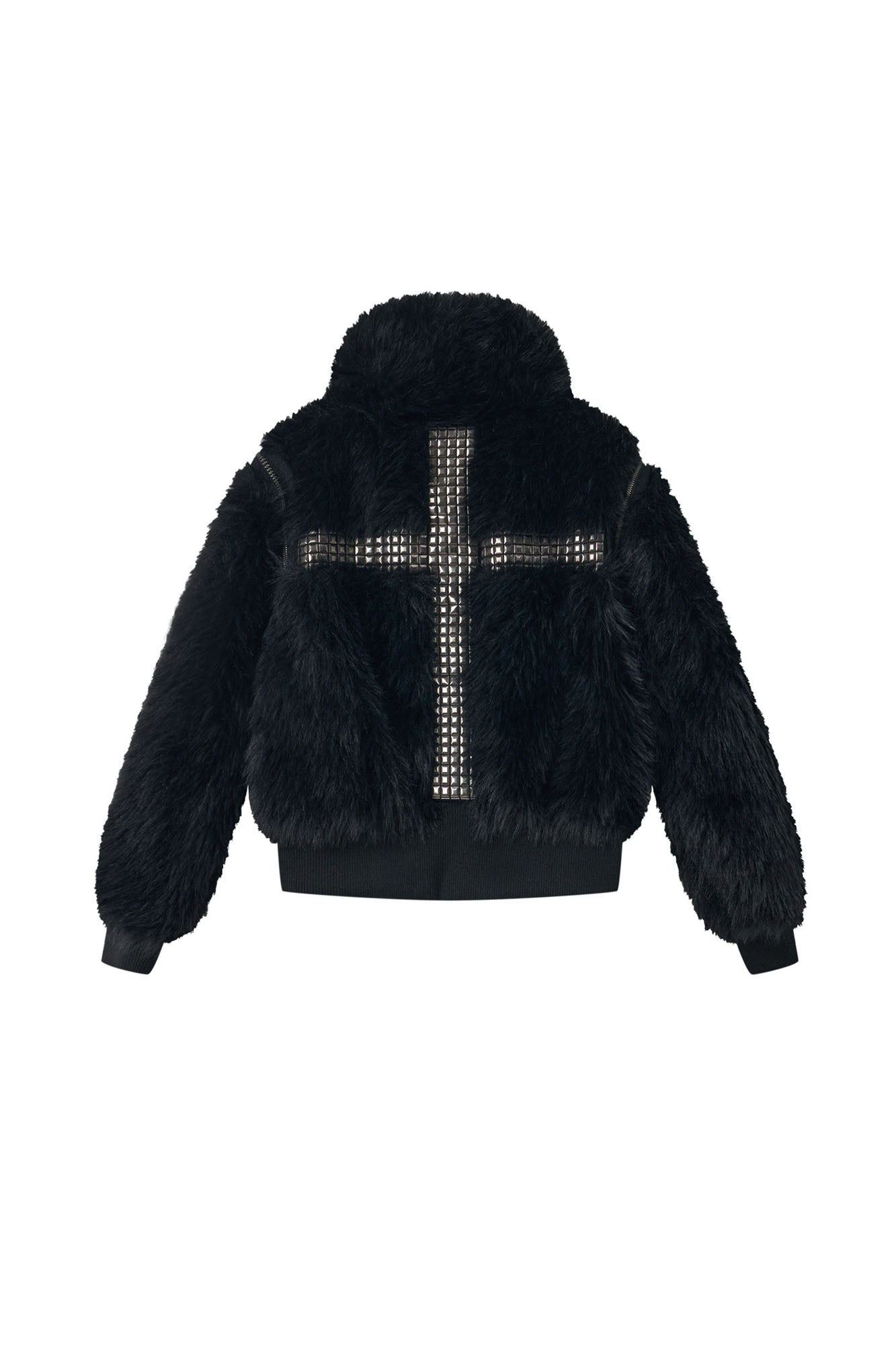 NONAME SPACE Detachable Sleeve Studded Cross Faux Fur Jacket