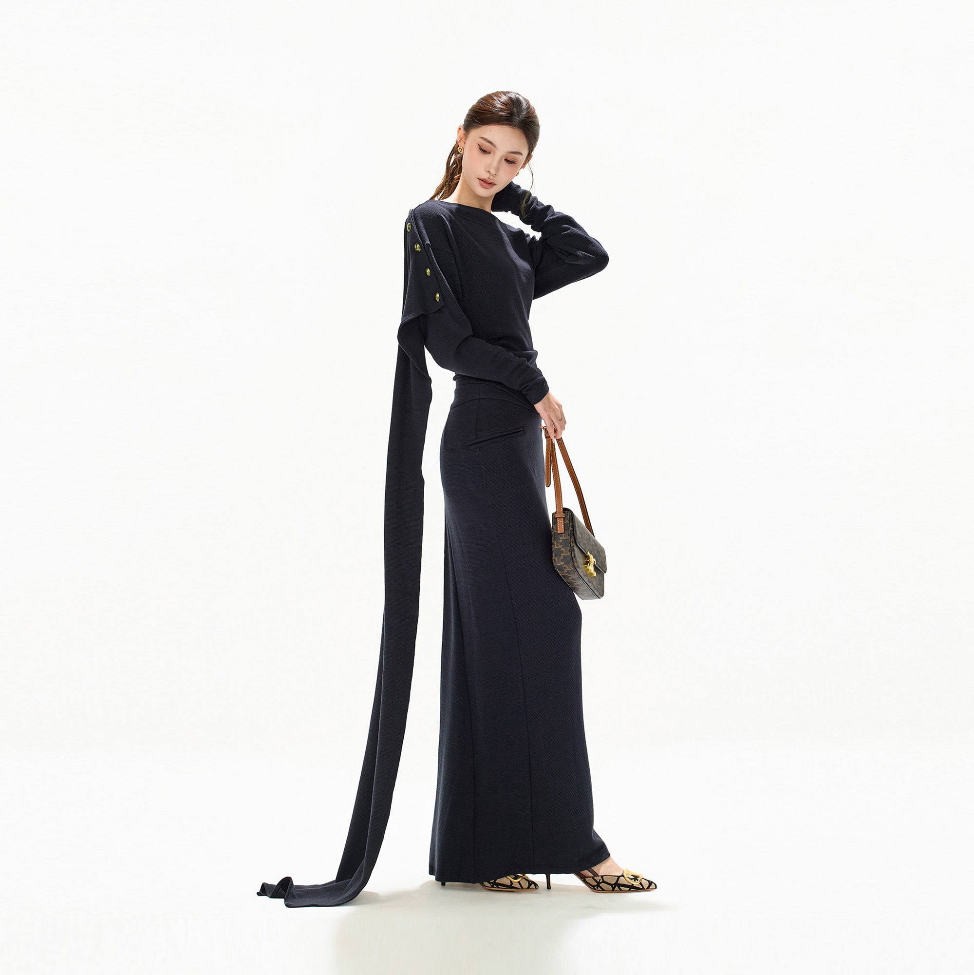 CYNR Ruched Waist Off-Shoulder Knit Set