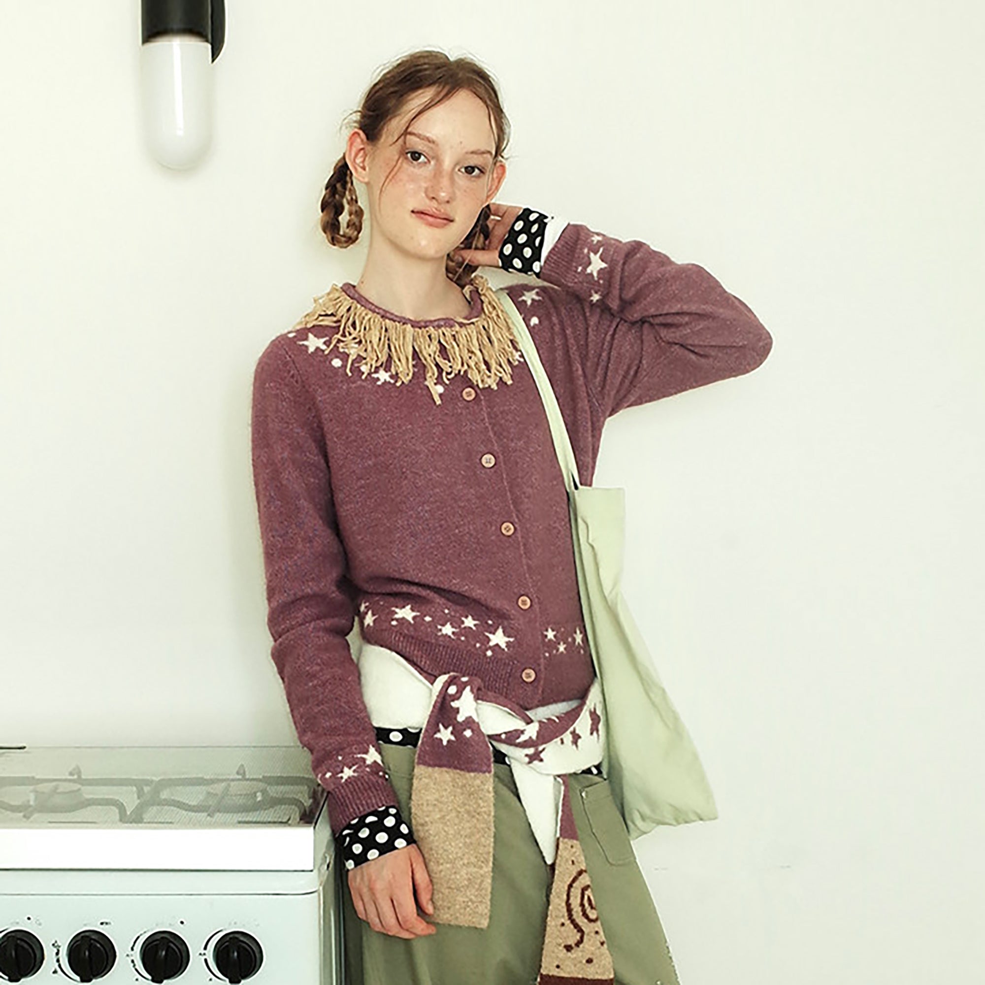 UNSOCIAL NIGHT Fringed Collar Star Jacquard Knit Cardigan