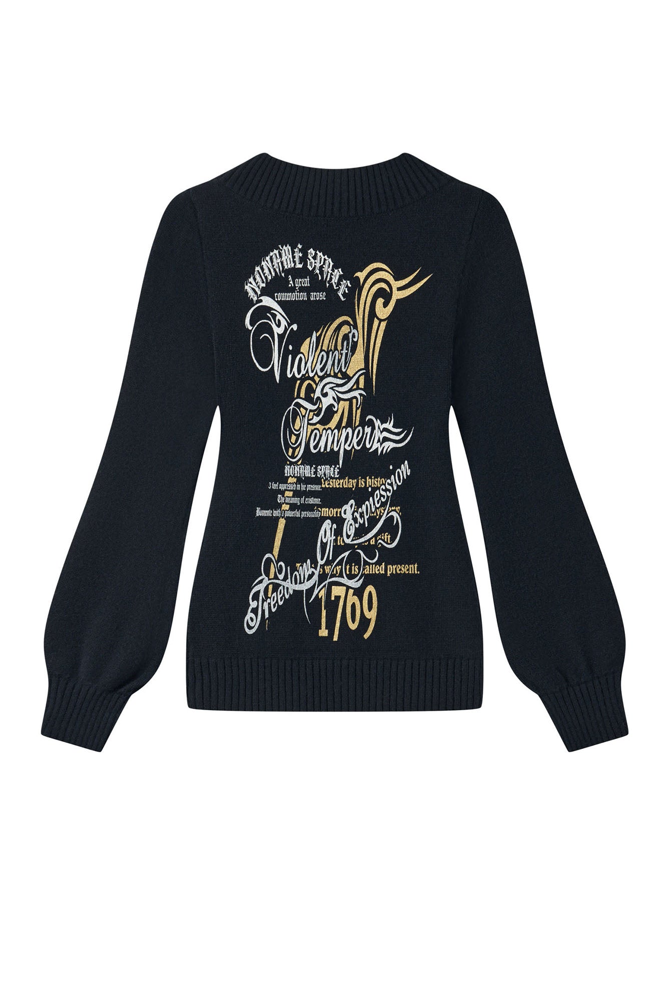 NONAME SPACE Retro Printed V-Neck Bishop Sleeve Sweater