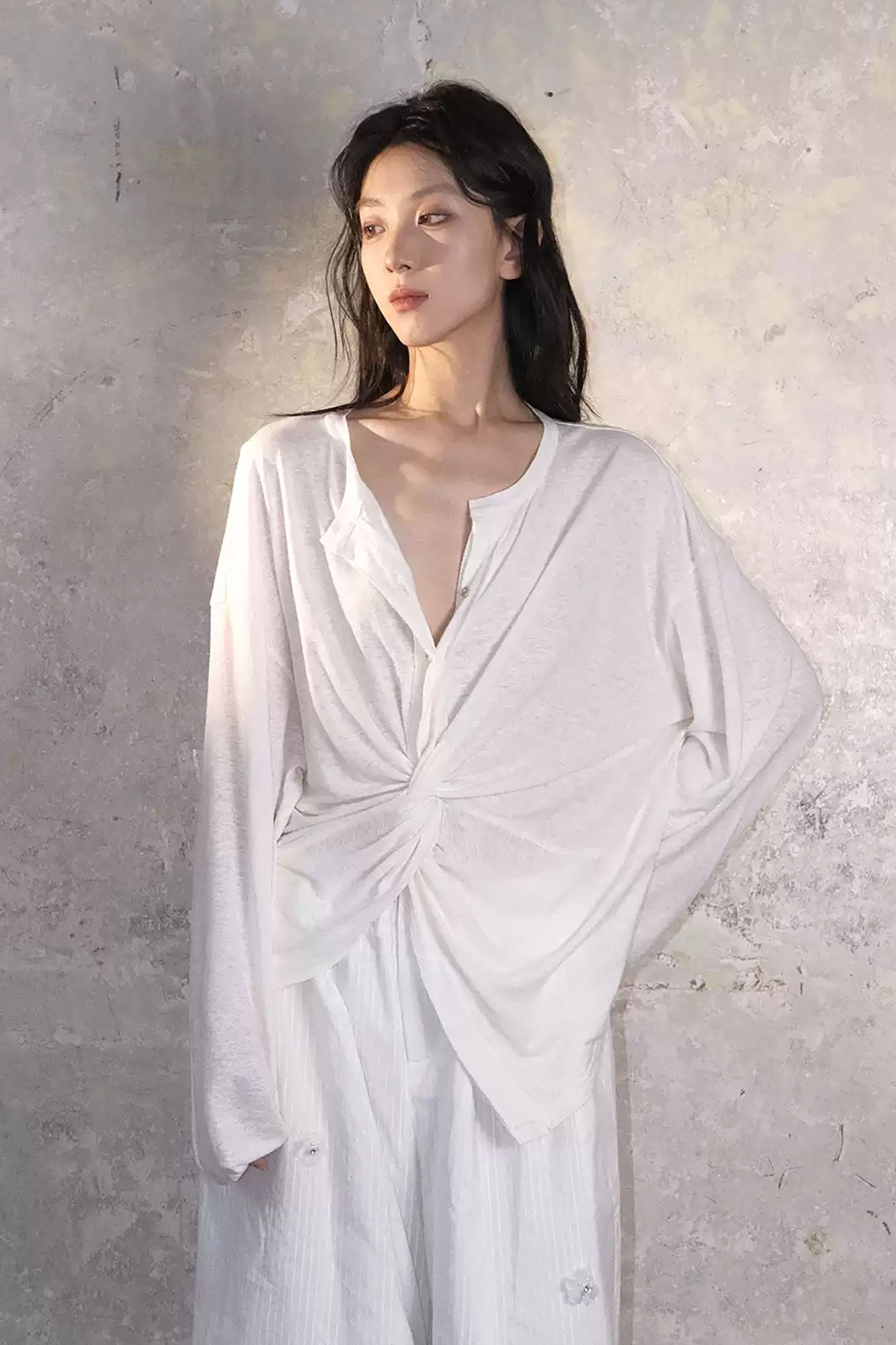 WHYNOTDANCE Twist-Front Draped Linen-Blend Long-Sleeve Tee