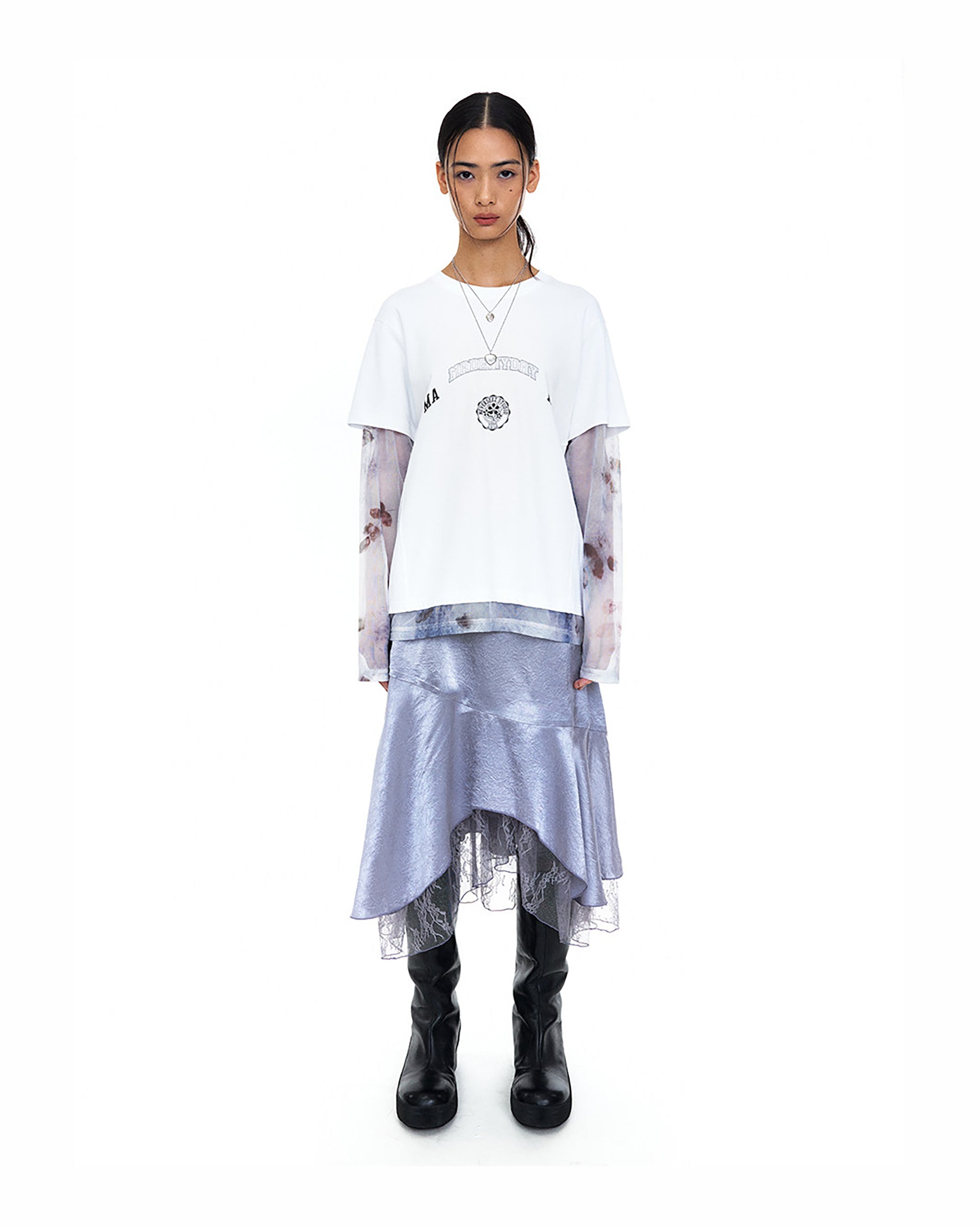 NEVERSEEZ Satin Acetate Lace-Panel Midi Skirt