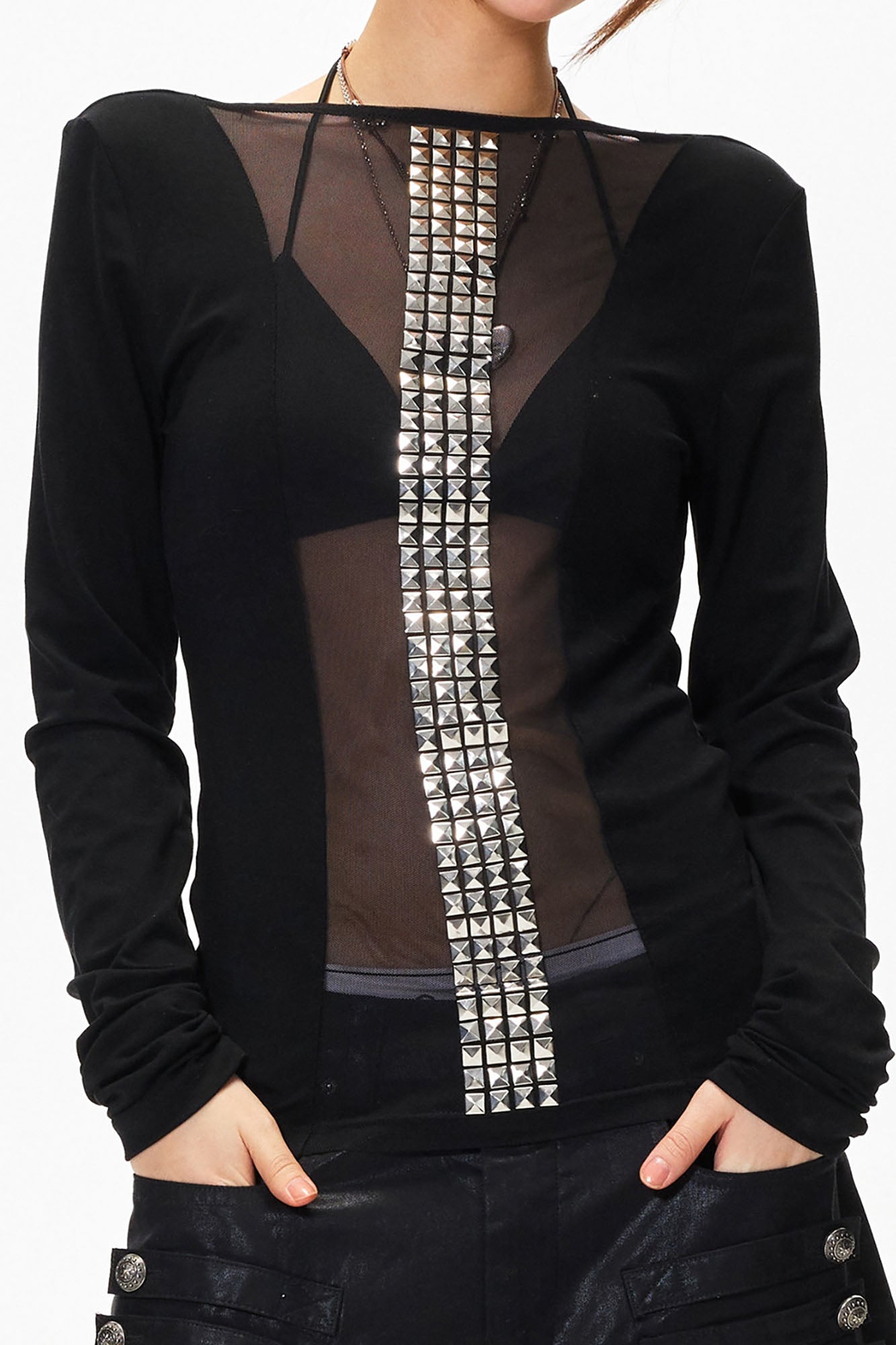 3MODE Sheer Slim Studded Long-Sleeve Tee