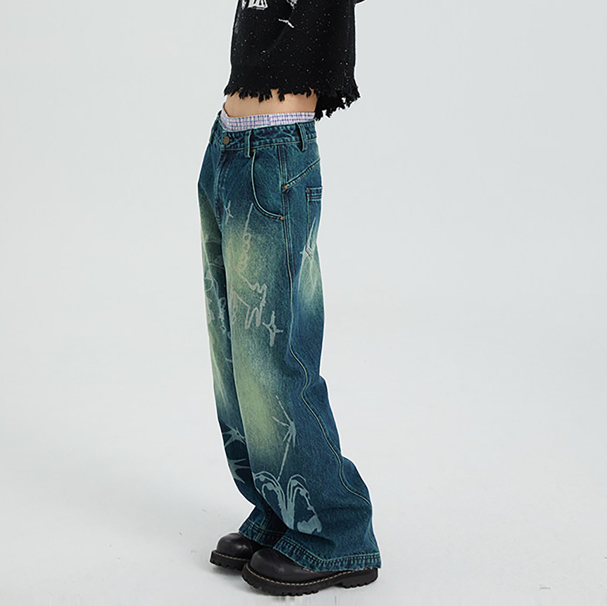CONFUN Washed Full-Print Straight-Leg Jeans