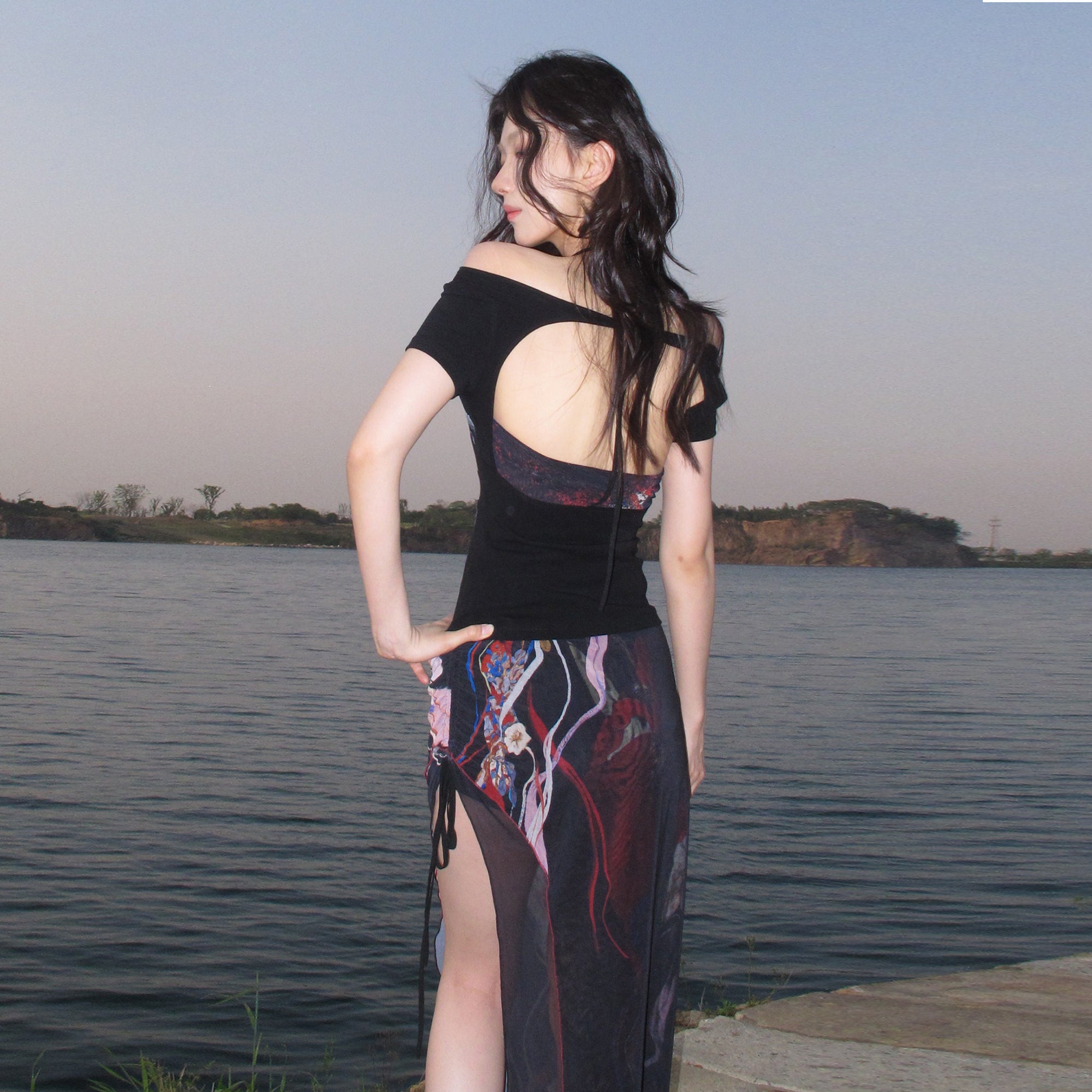 WHYNOTDANCE Asymmetrical Halter Full-Print Mesh Backless Dress