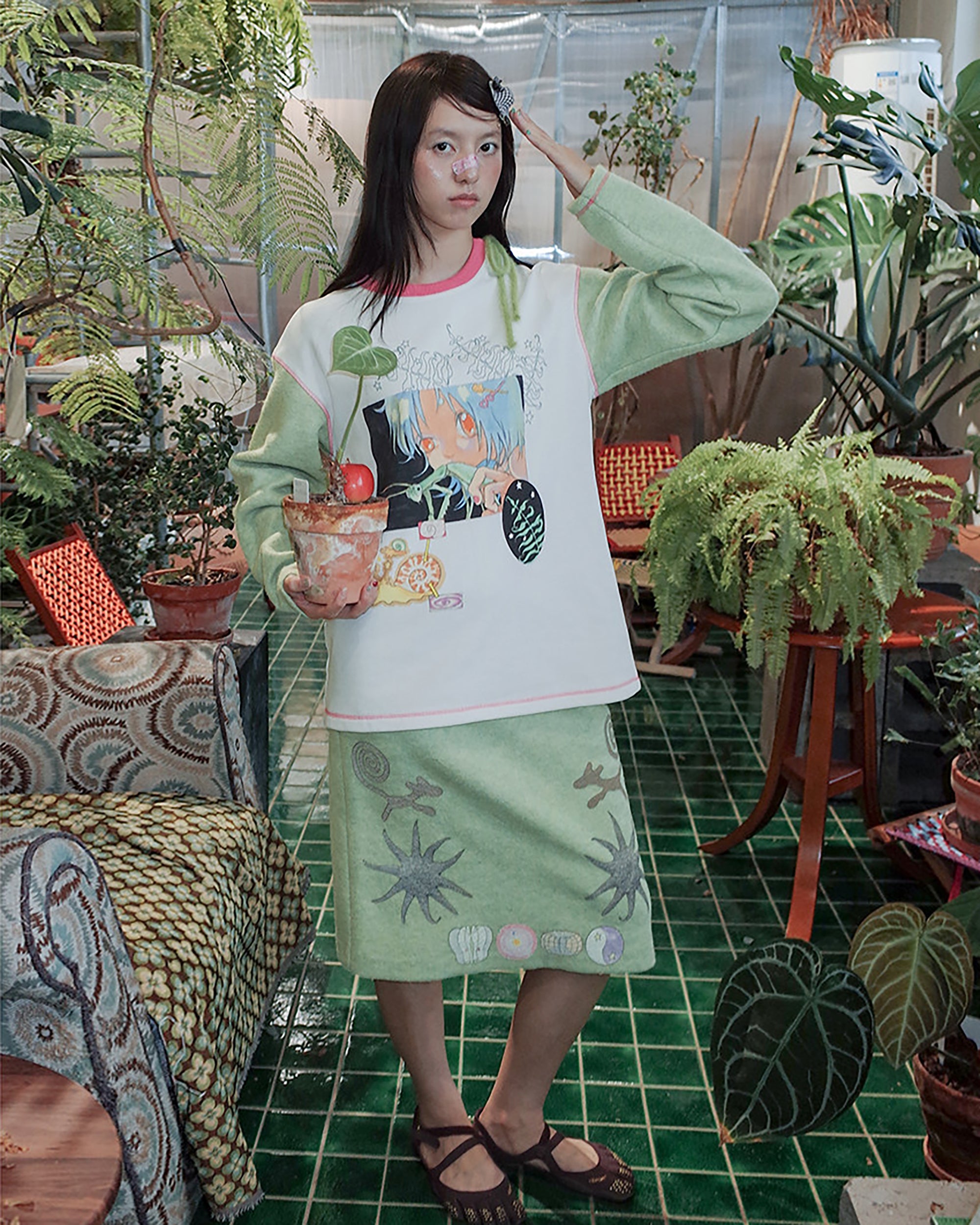 UNSOCIAL NIGHT × OLIWA Illustrated Contrast Sweatshirt