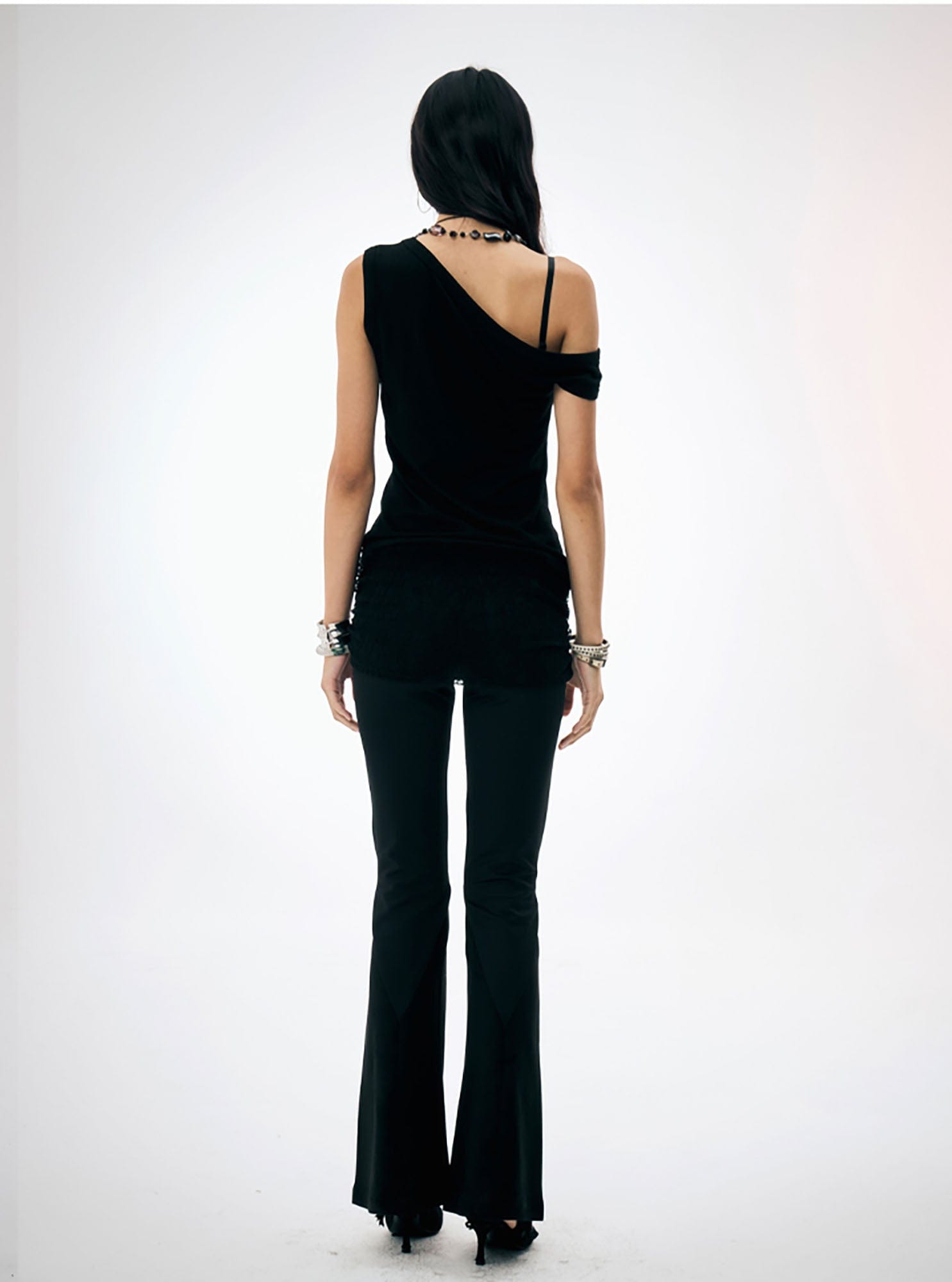 FAYCHUI Diamond & Lace Layered Waist Flared Pants