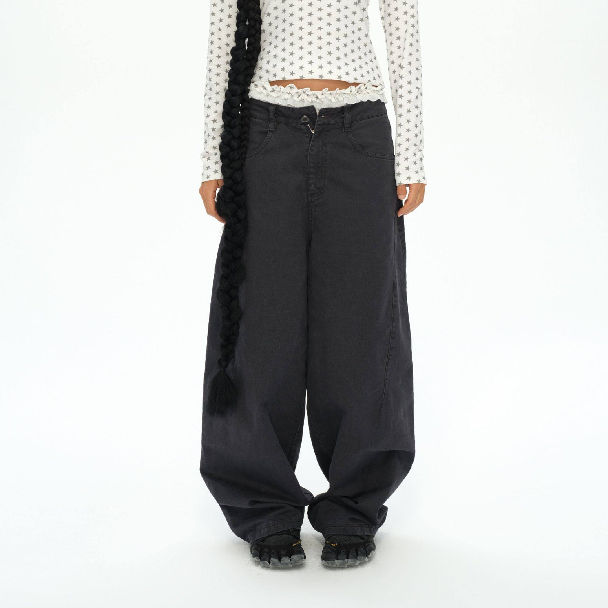 OINIMI Washed Curved Panel Wide-Leg Jeans