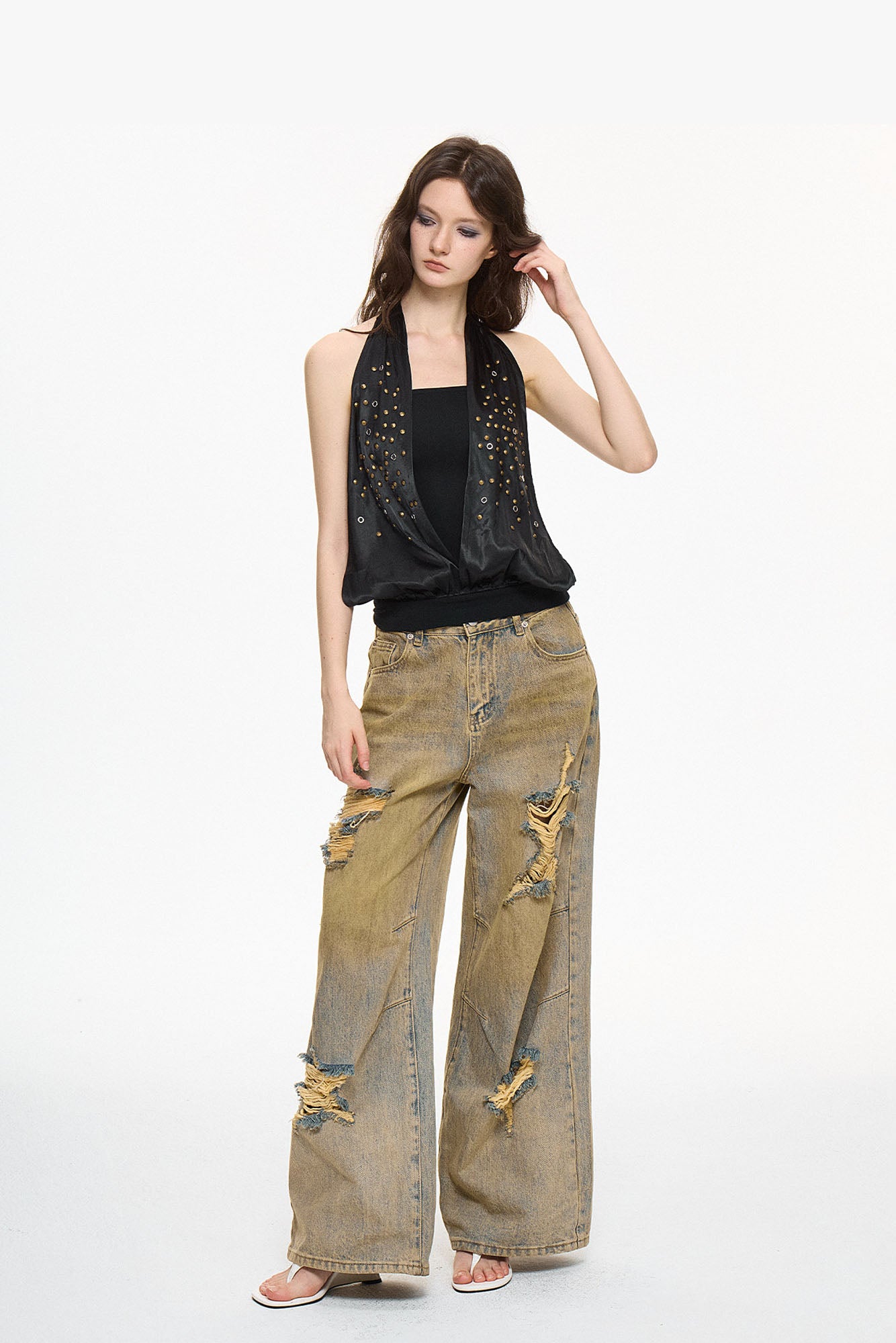 AE30 SAINT Studded Spliced Halter Tank Top