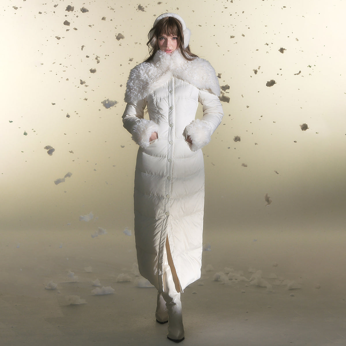 HIIMDAI Spliced Faux Fur Cinched-Waist Long Down Jacket