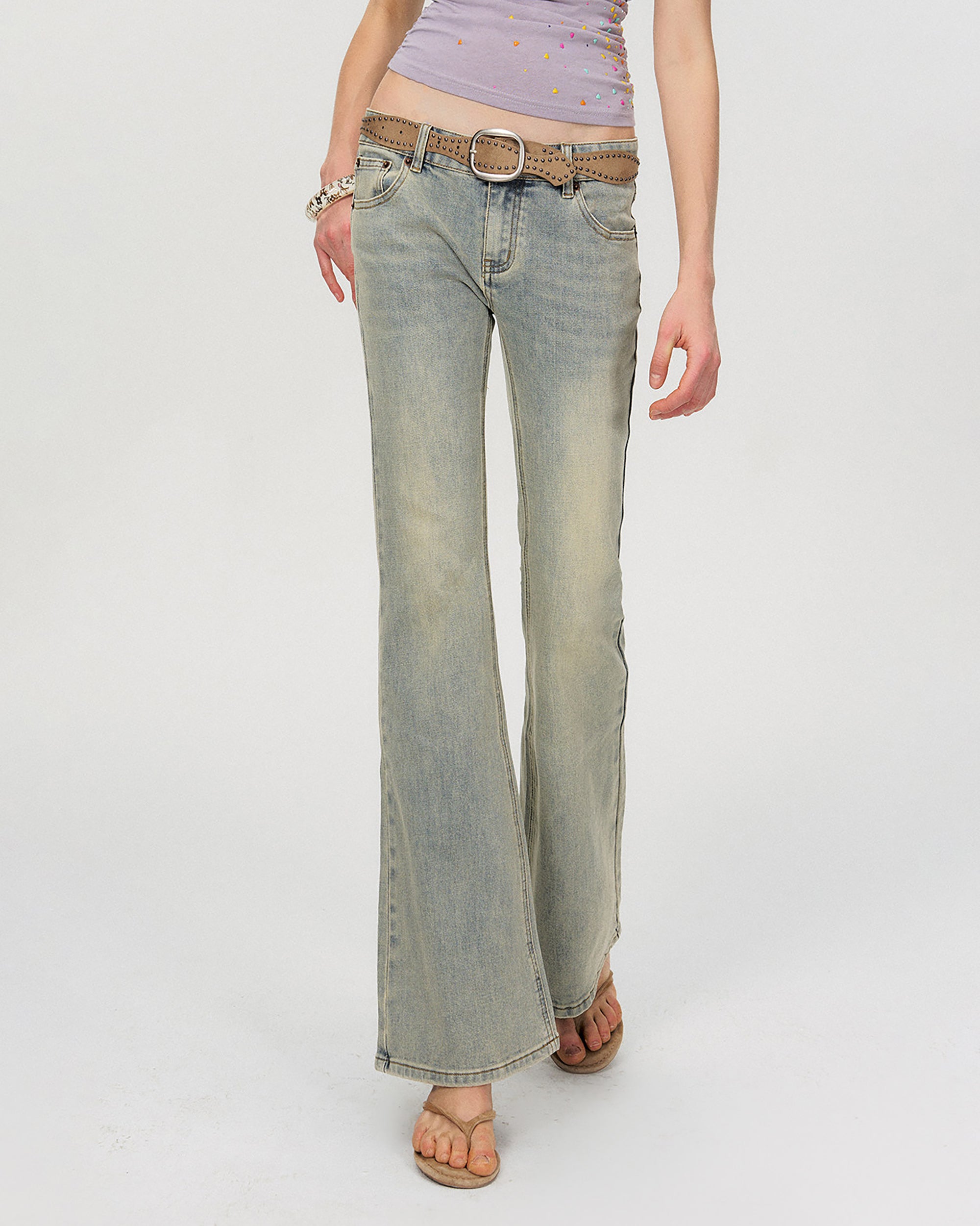 THE NEVERMORE Washed Low-Rise Flared Jeans