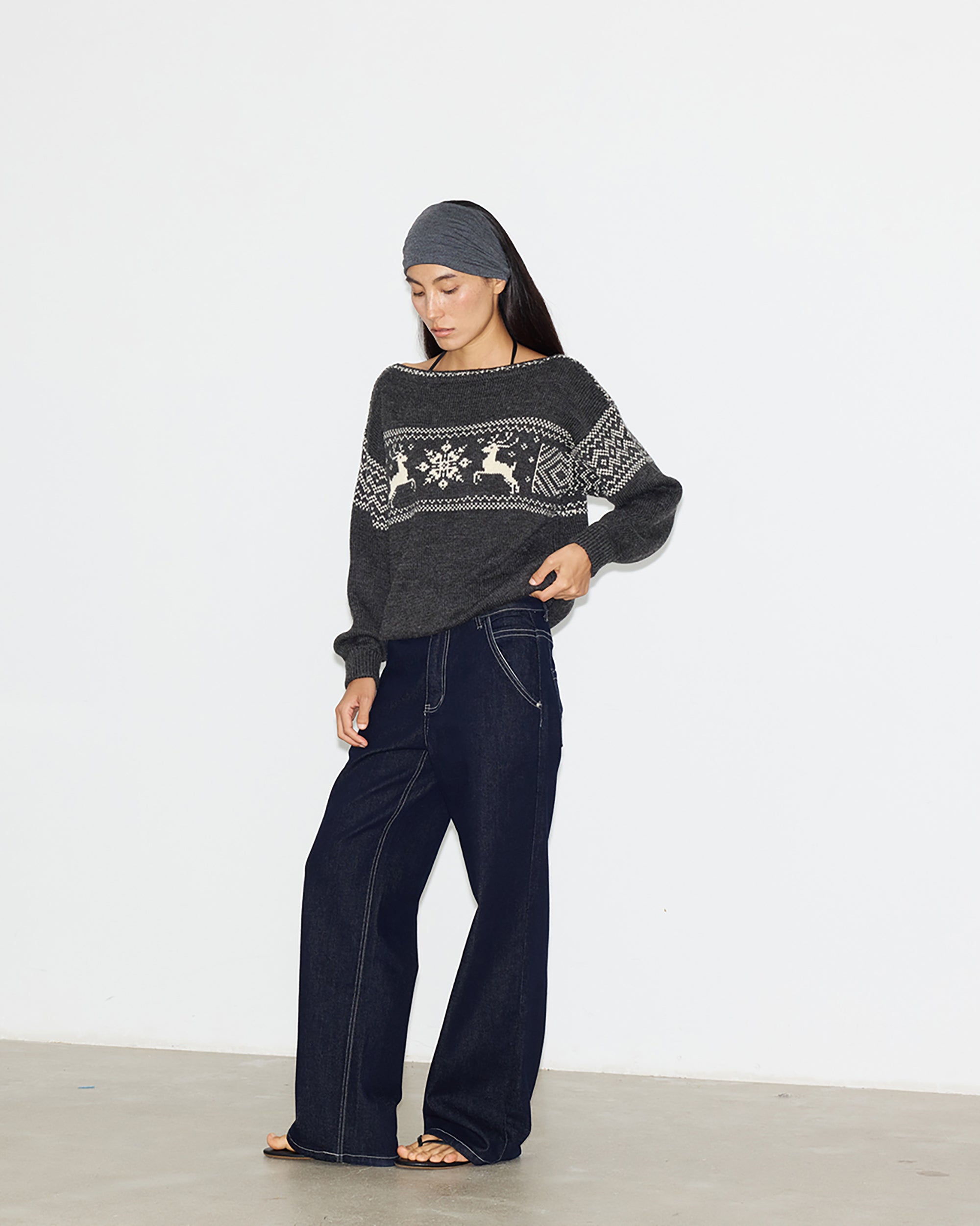 PCLA Fair Isle Reindeer Off-Shoulder Sweater