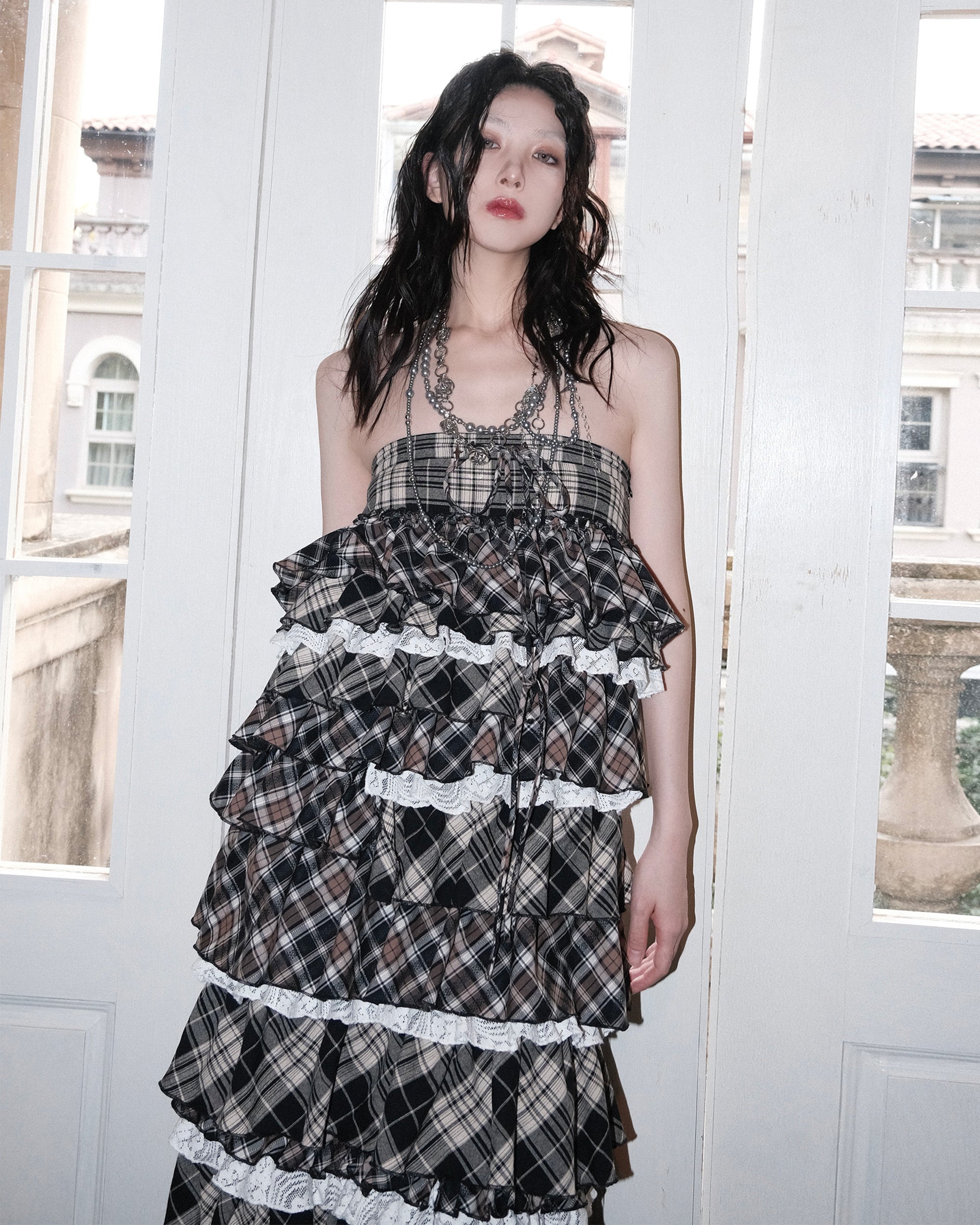 WHYNOTDANCE Layered Plaid Lace Ruffle Skirt