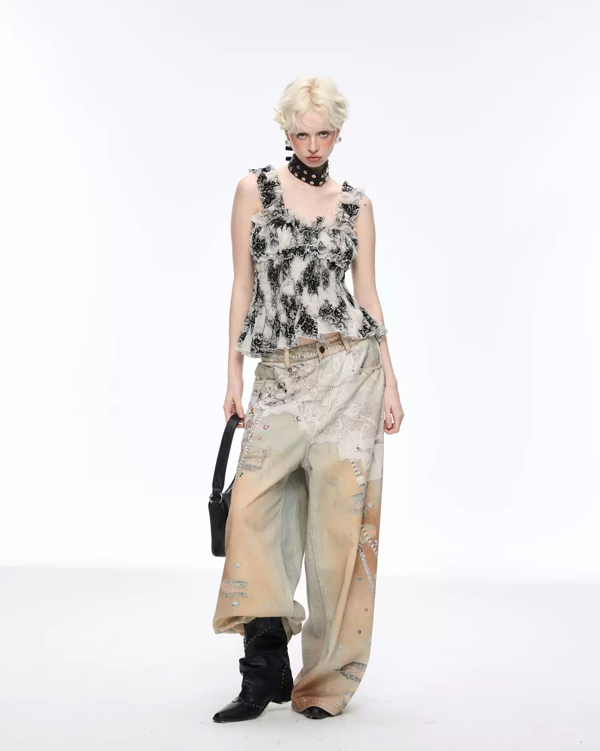 10AMSOTIIIIIIRED Lace Chain Print Studded Wide-Leg Jeans