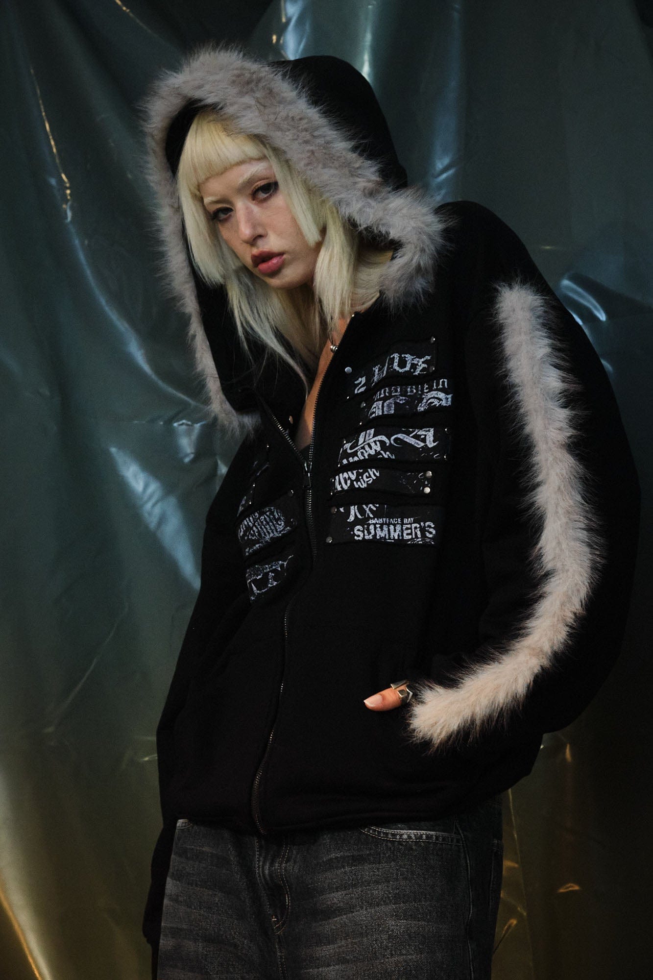 RECOVER ZONE Faux Fur Trim Graphic Zip-Up Hoodie, premium urban and streetwear designers apparel on PROJECTISR.com, RECOVER ZONE