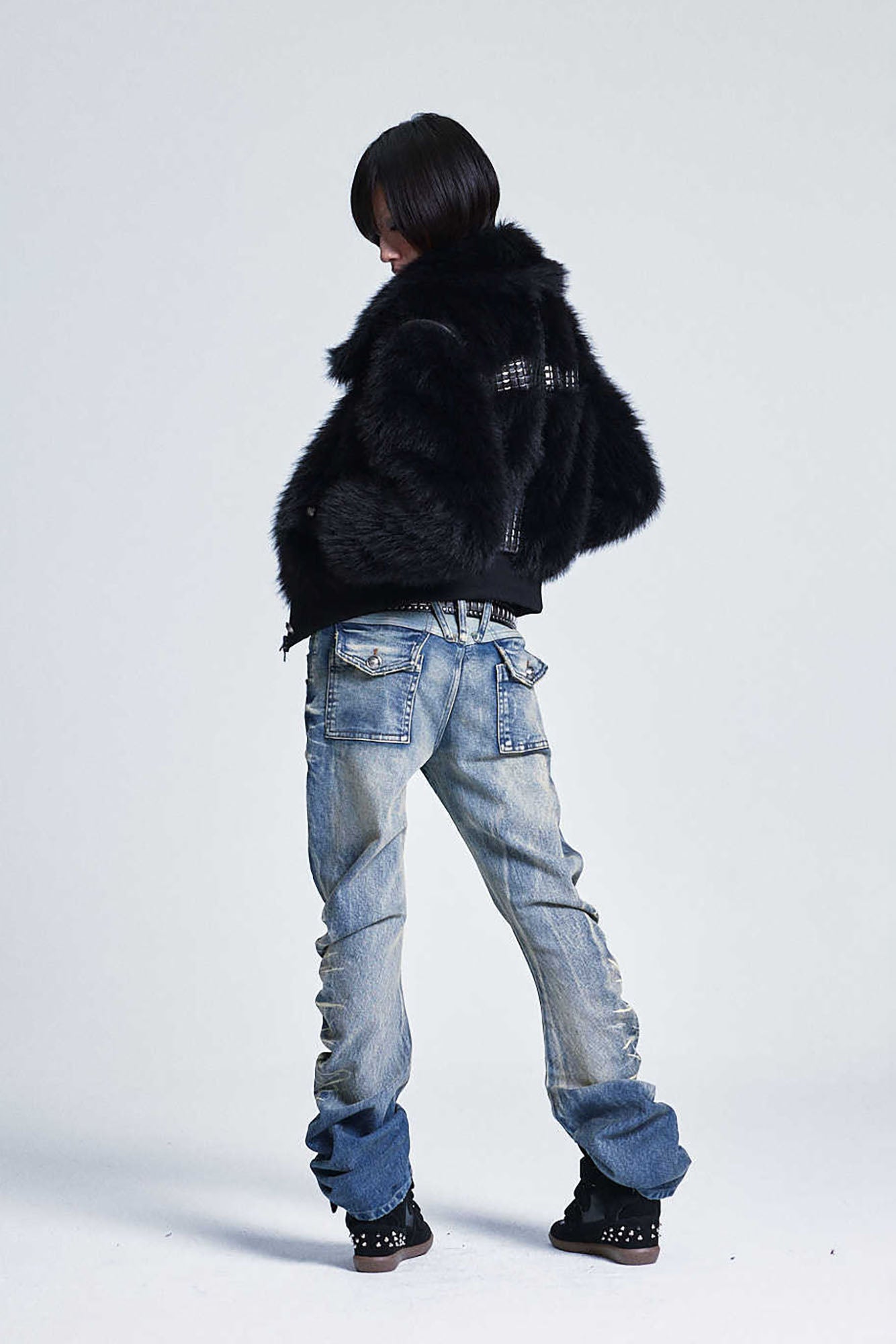 NONAME SPACE Washed Studded Curved Stacked Jeans