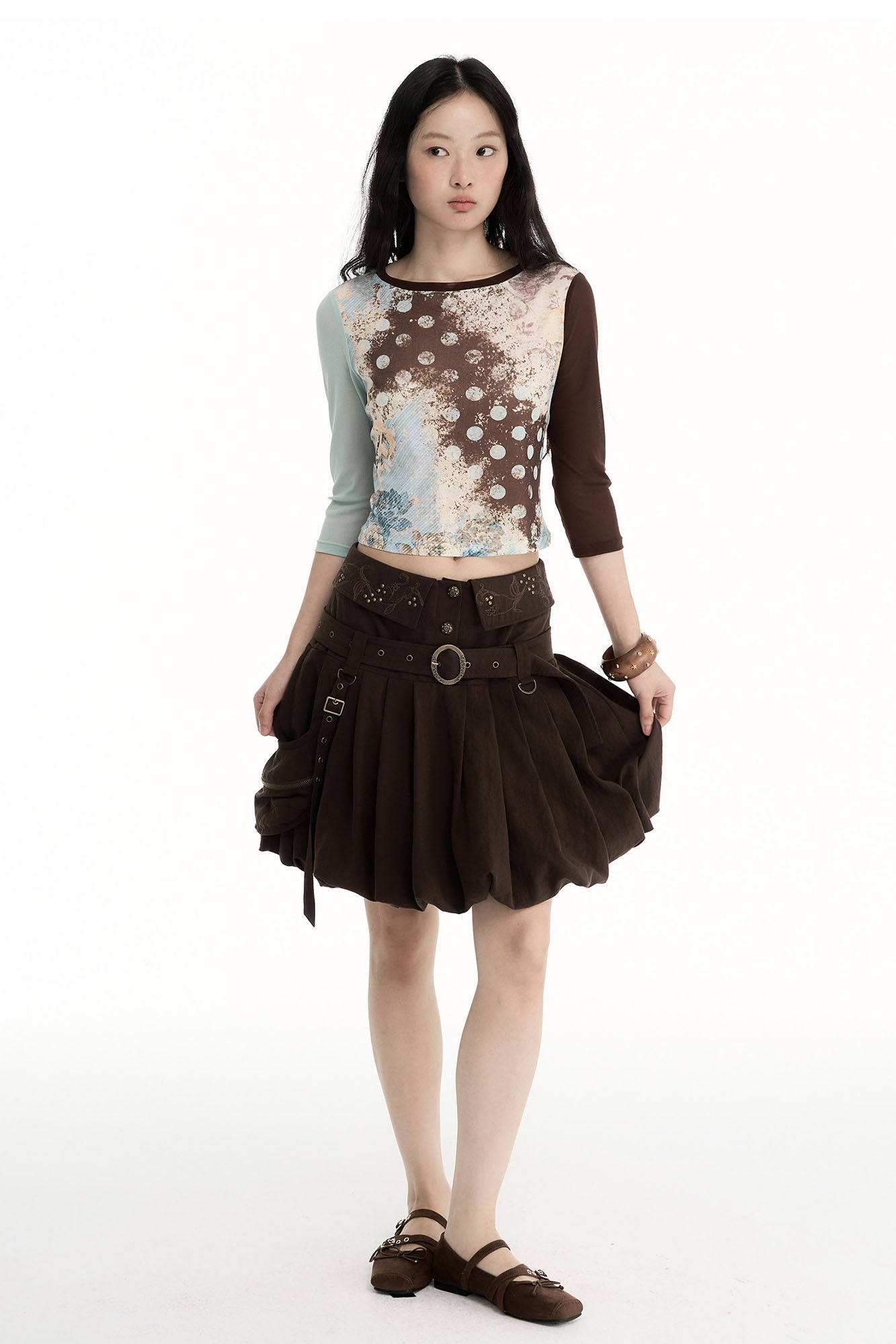 CONFUN Contrast Spliced Floral Long-Sleeve Tee