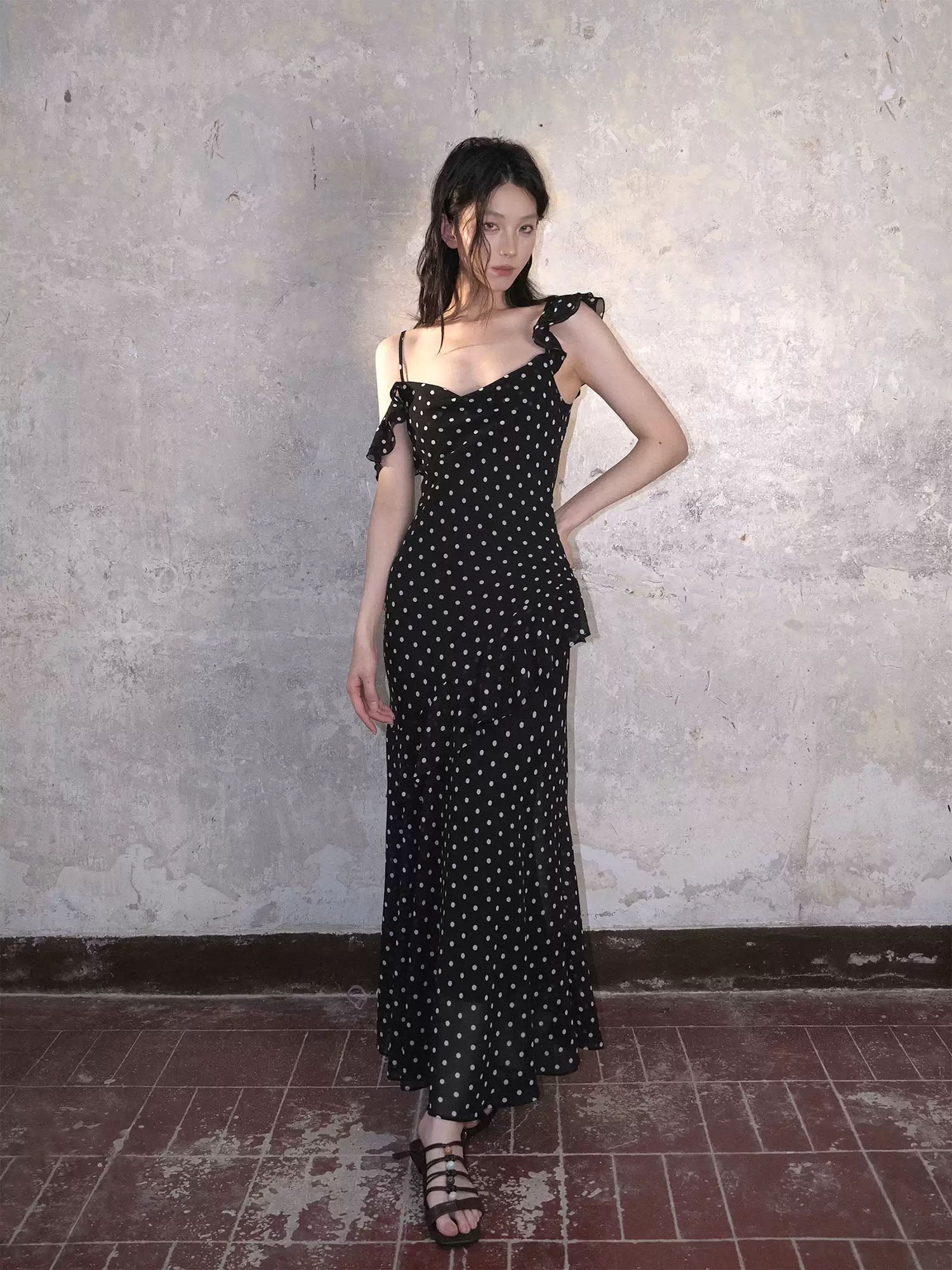 WHYNOTDANCE Polka Dot Ruffle-Hem Maxi Dress