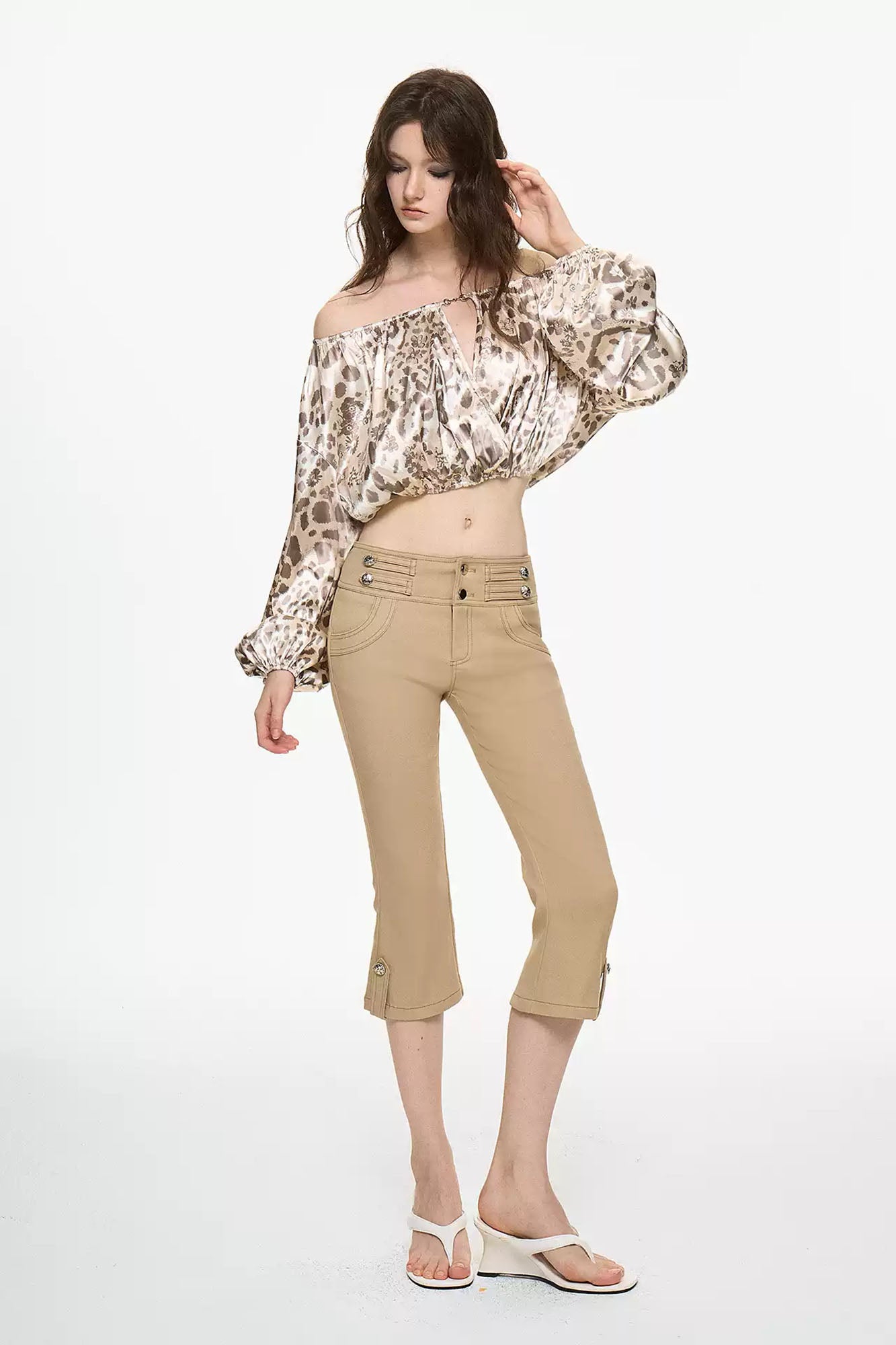 AE30 SAINT Leopard-Print Off-Shoulder Puff Sleeve Shirt