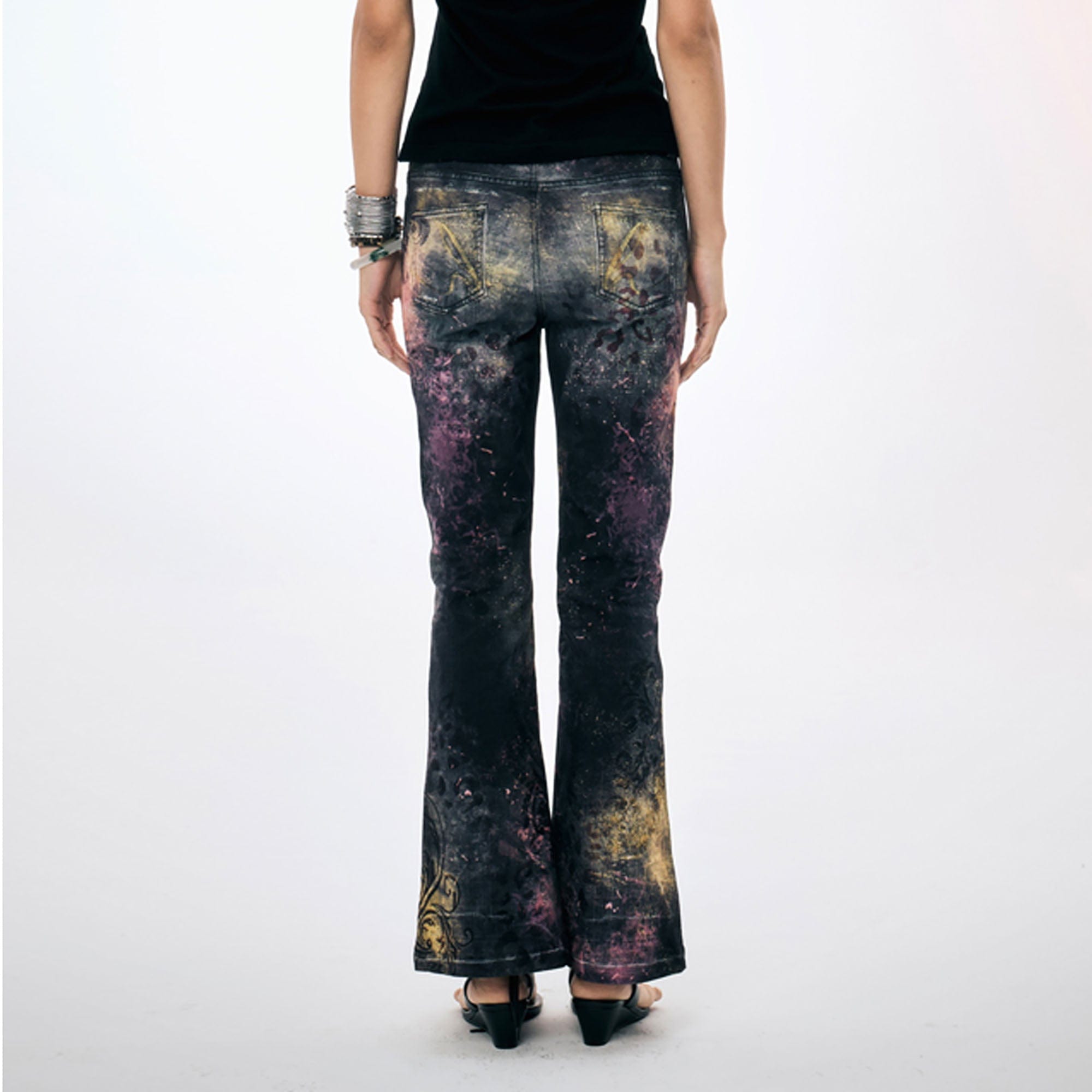 FAYCHUI Graffiti Leopard Full-Print Flared Jeans