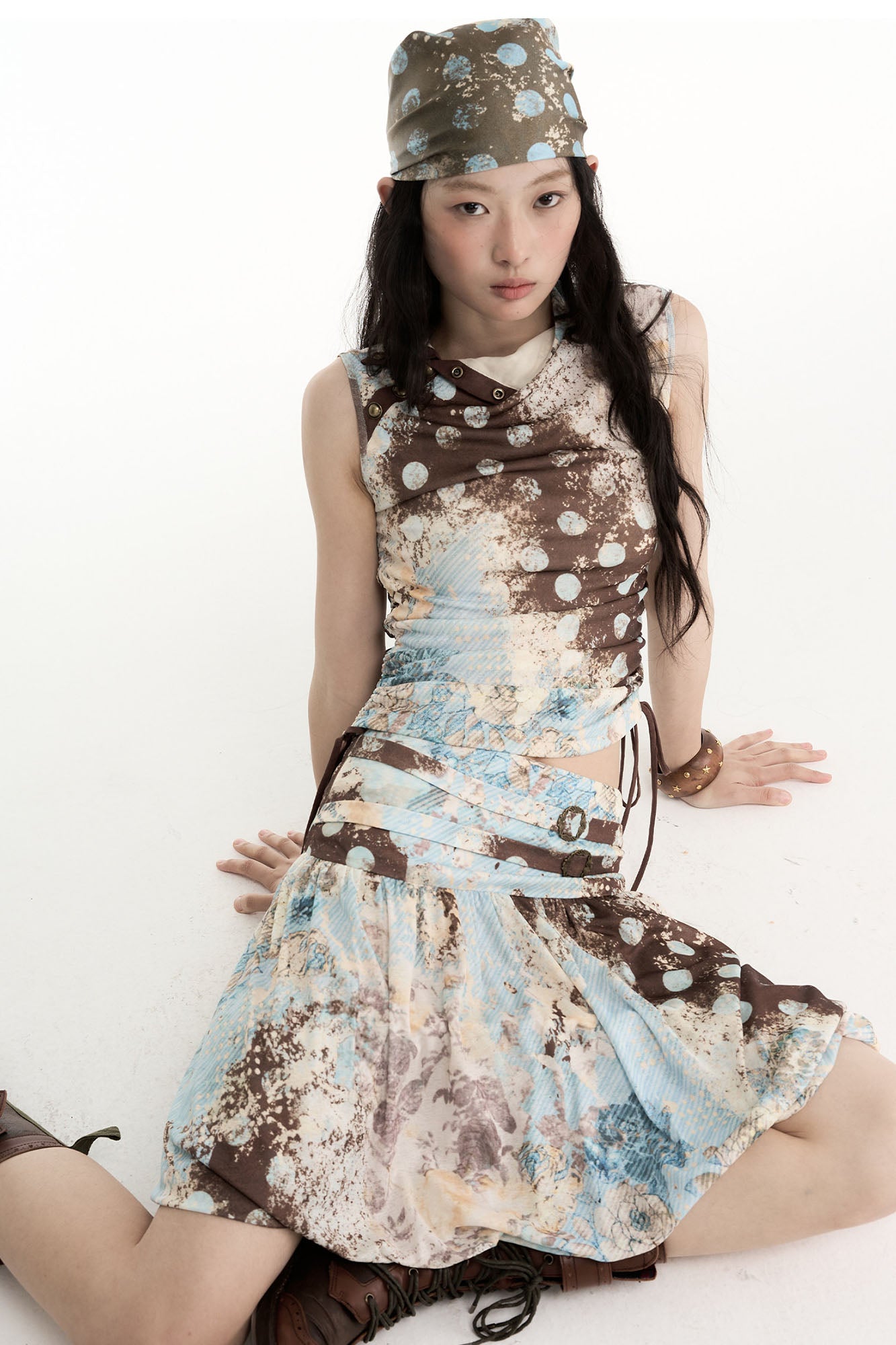 CONFUN Contrast Spliced Floral Drawstring Sleeveless Tee
