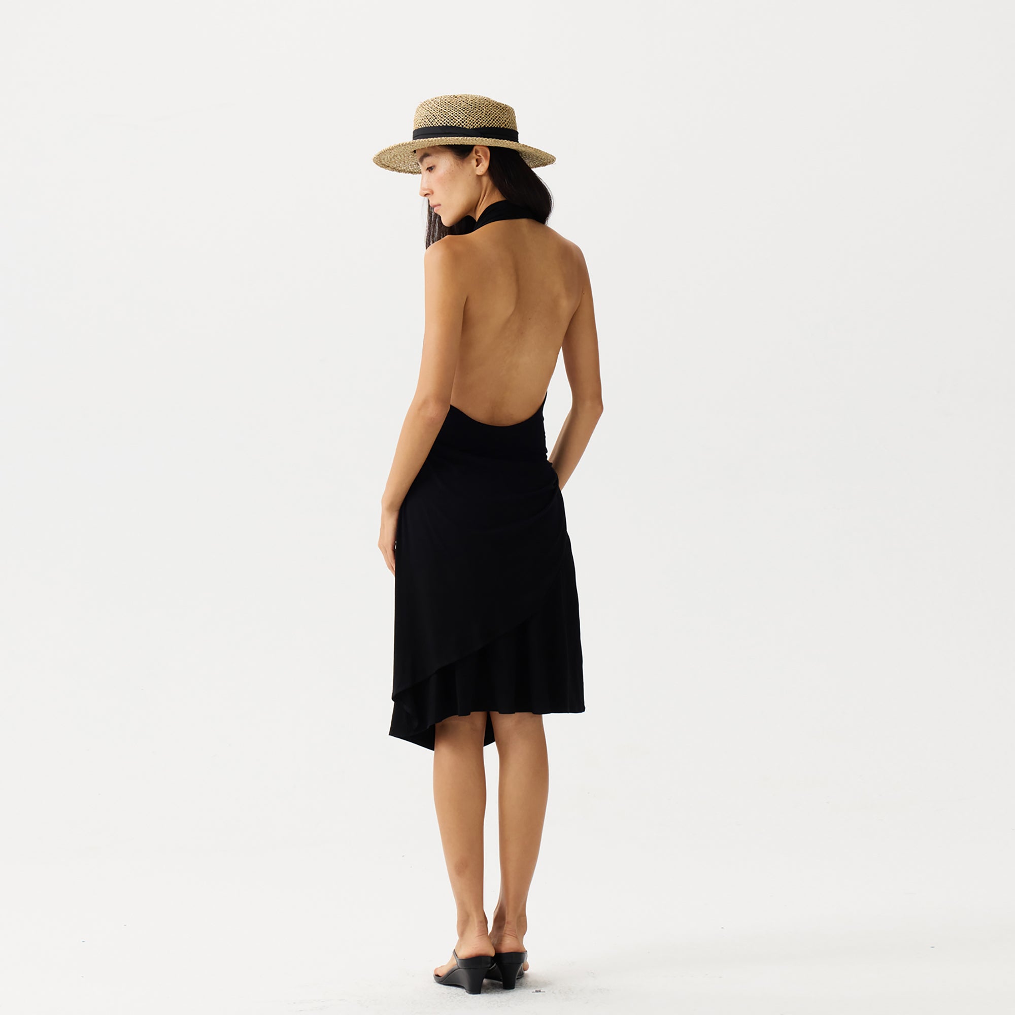 PCLA Draped Backless Pleated Halter Midi Dress