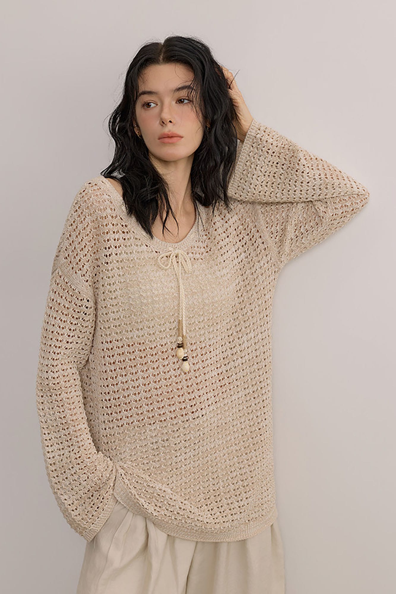 SAME FLOW Open-Knit Drawstring Oversized Sweater