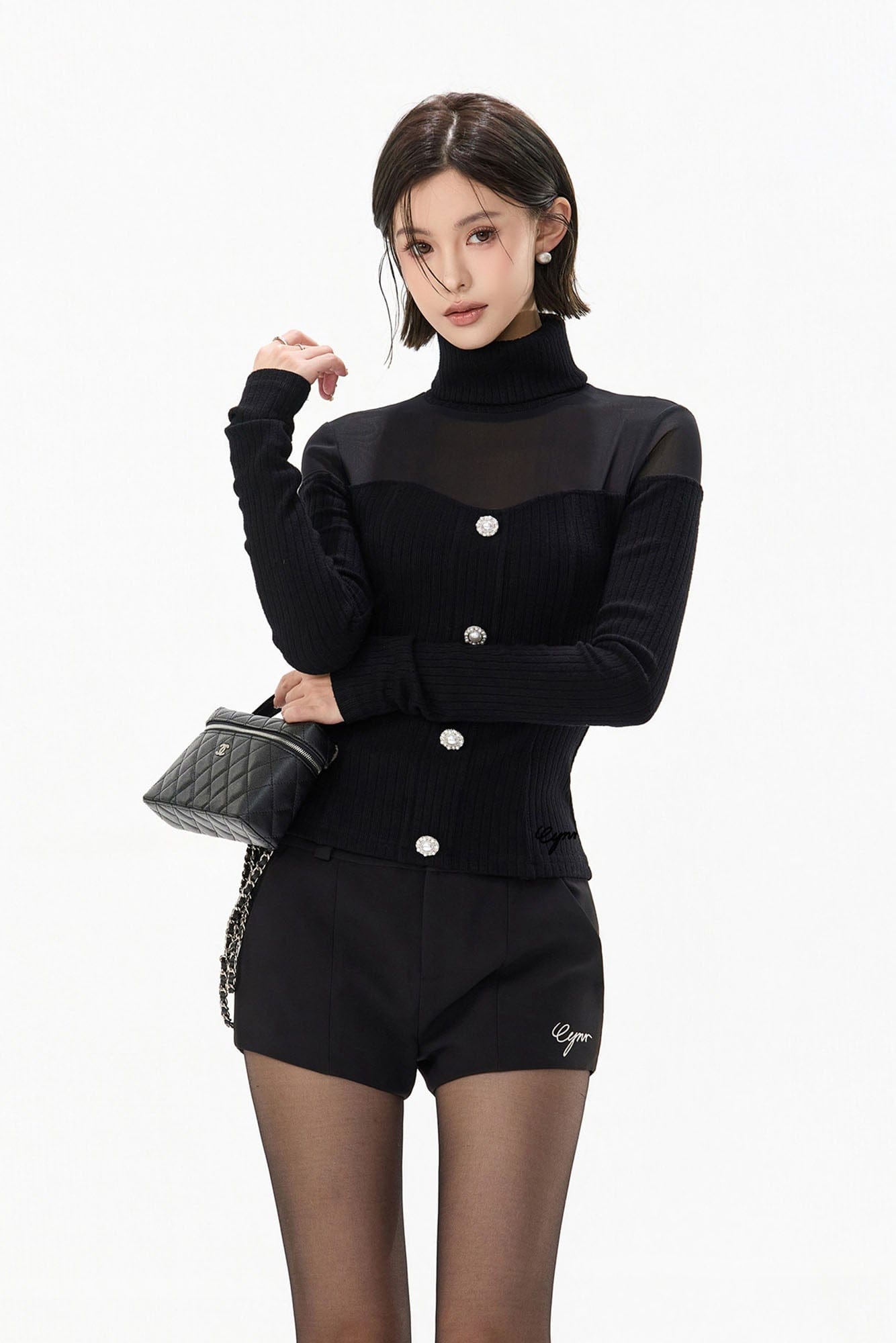 CYNR Sheer Yoke Ribbed Turtleneck Button Top