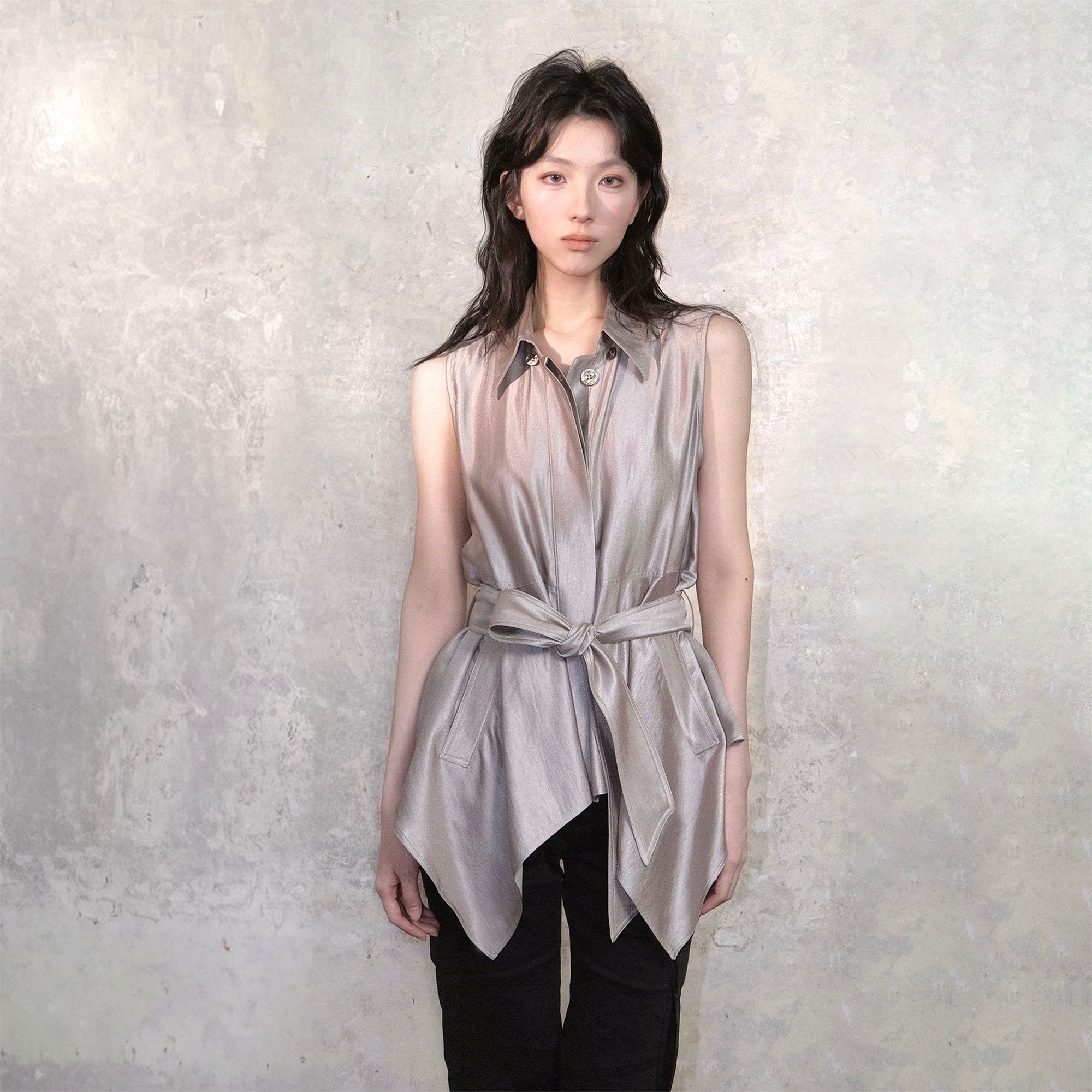 WHYNOTDANCE Detachable Cape Satin Sleeveless Shirt