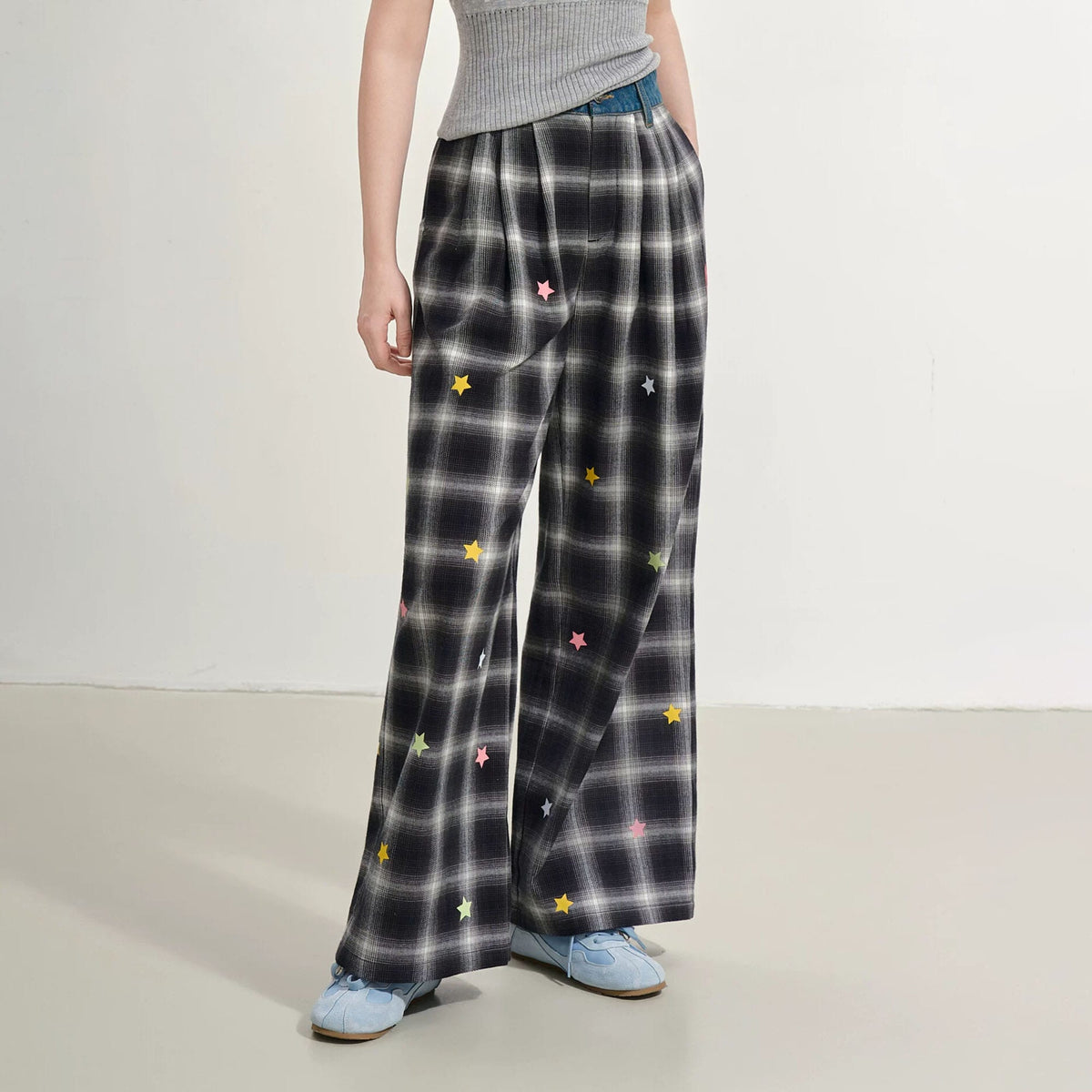 SOFITTE Denim-Waist Plaid Wide-Leg Pants