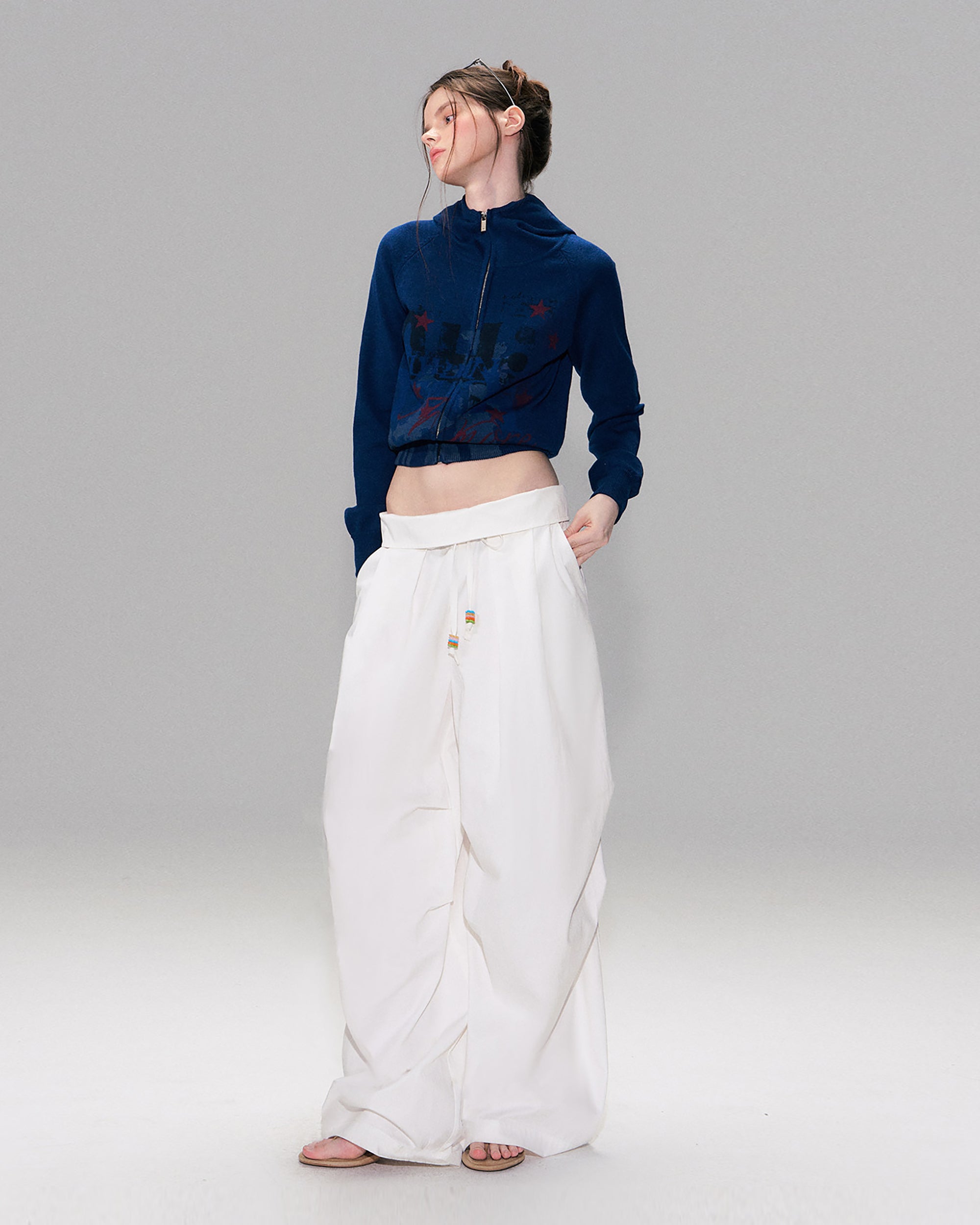 THE NEVERMORE Folded Waist Beaded Drawstring Wide-Leg Pants