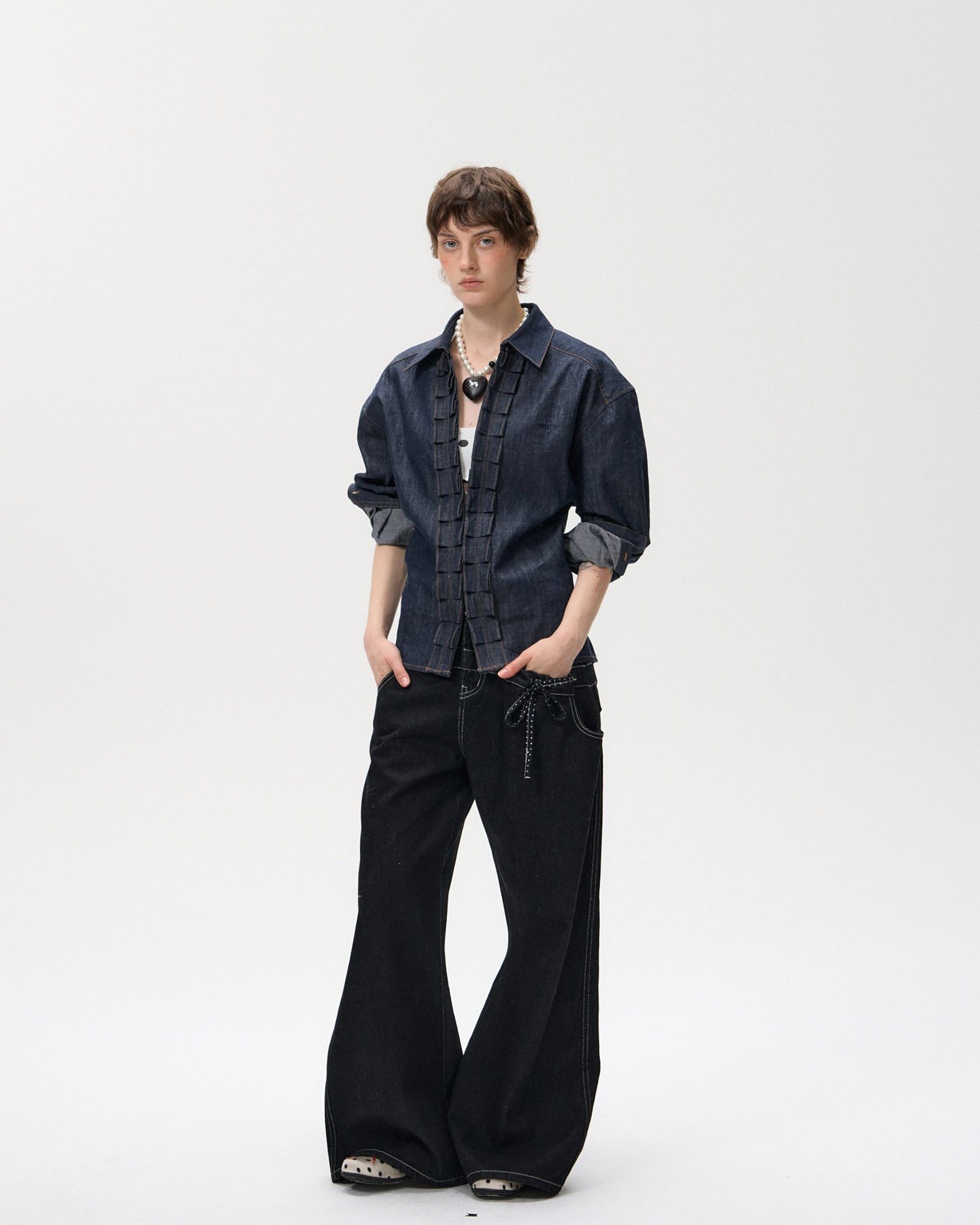 10AMSOTIIIIIIRED Modern Polka-Dot Waist Wide-Leg Jeans
