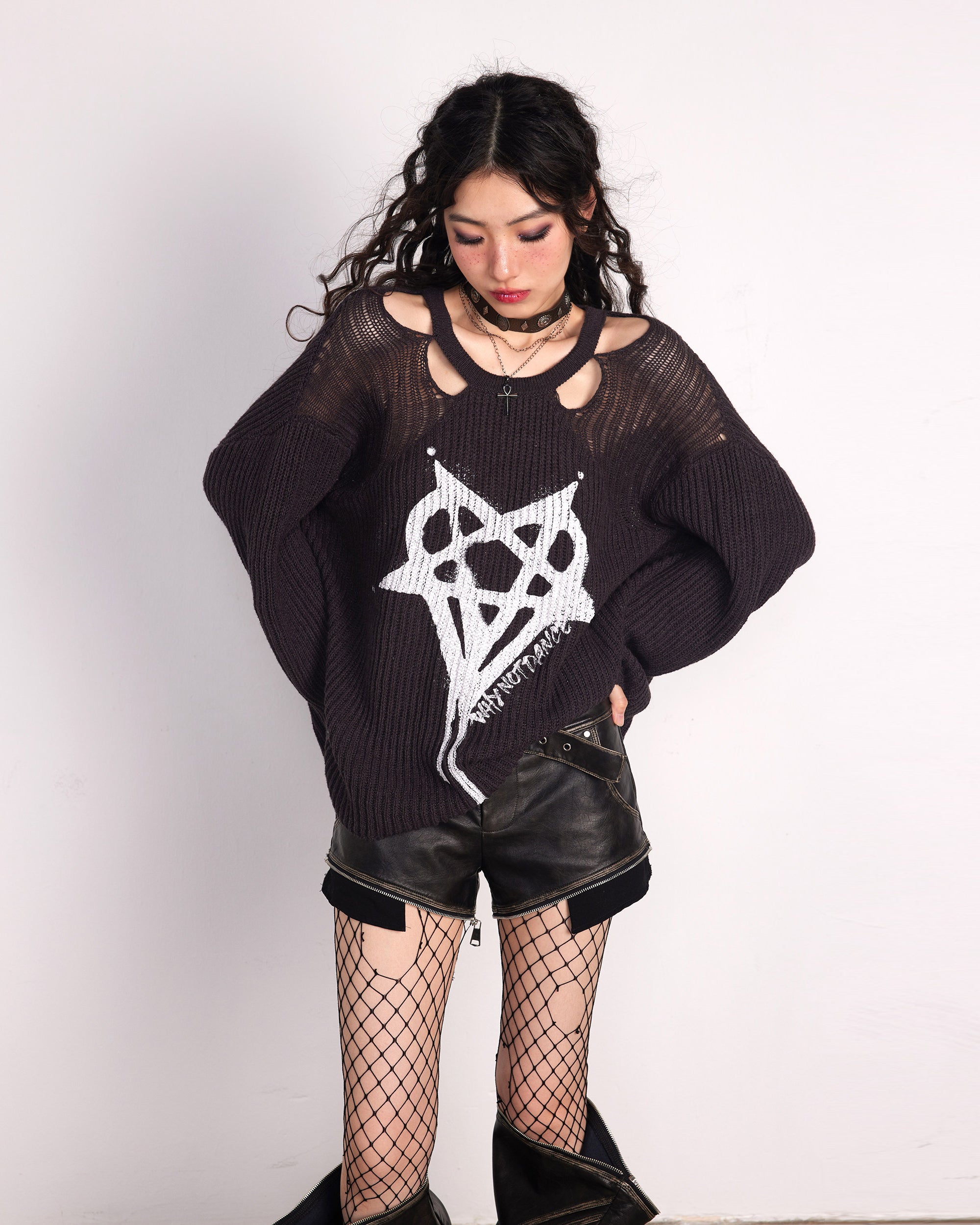 WHYNOTDANCE Distressed Cut-Out Knitted Sweater