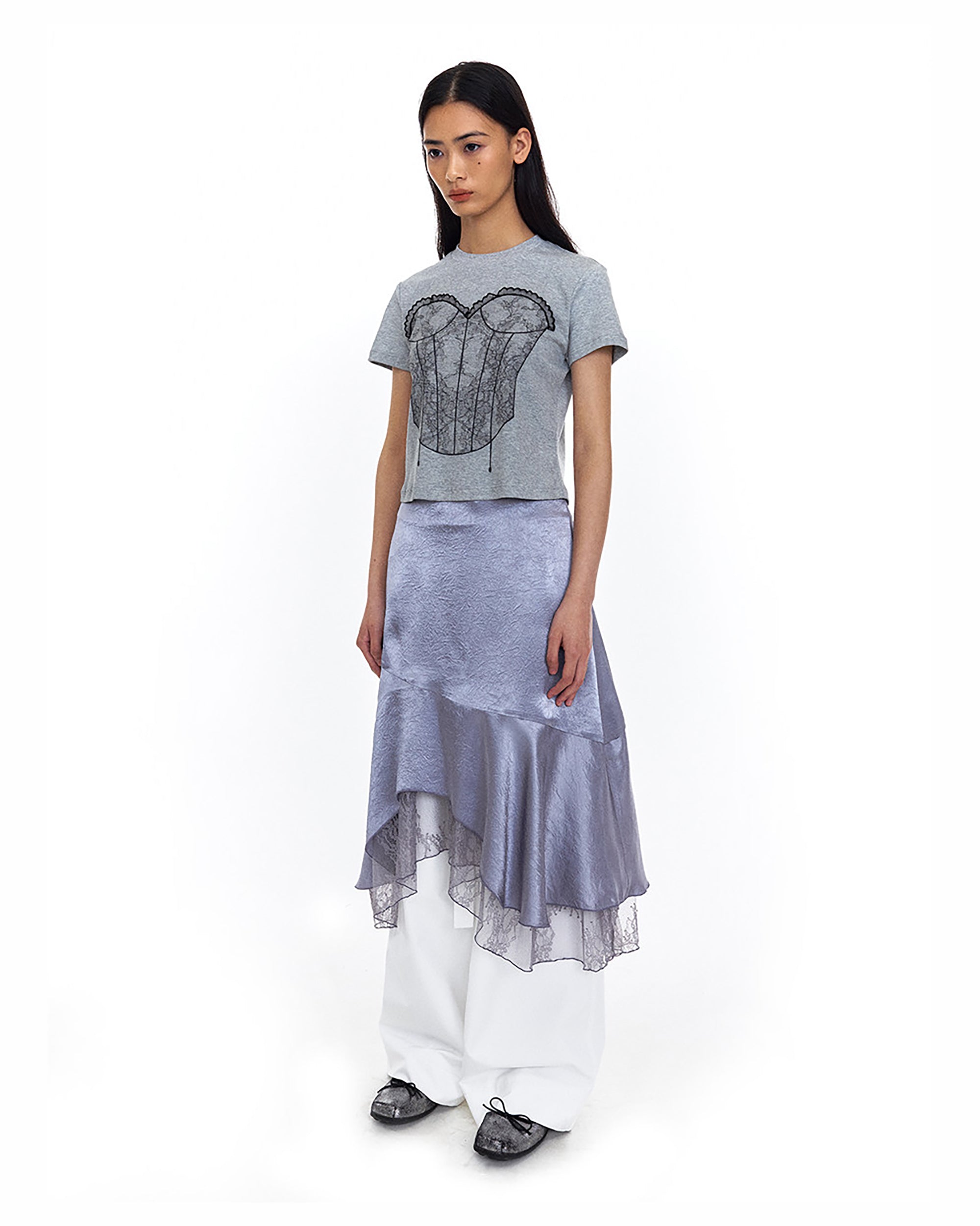 NEVERSEEZ Satin Acetate Lace-Panel Midi Skirt