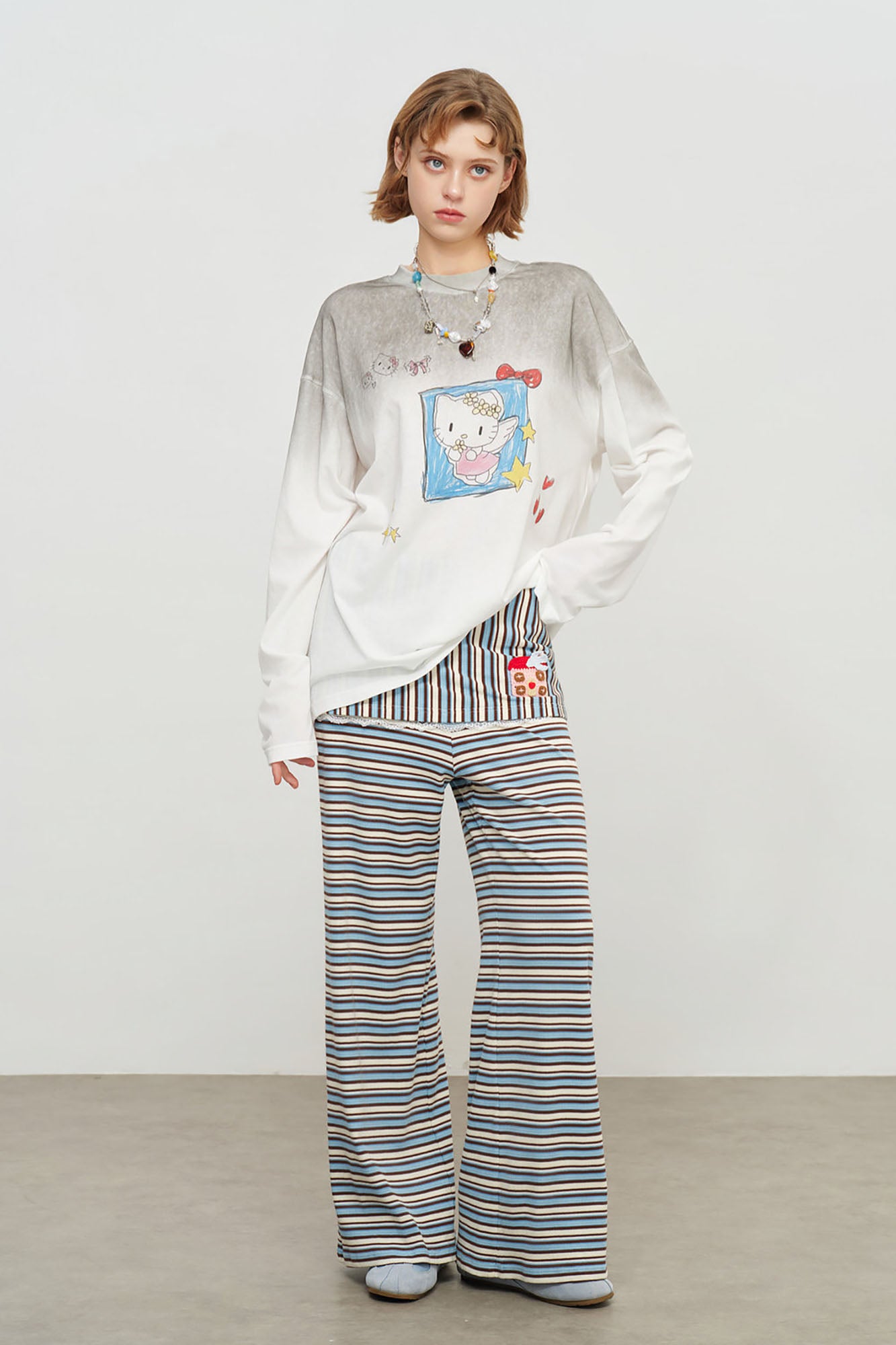 SOFITTE Lace-Hem Layer Striped Wide-Leg Pants