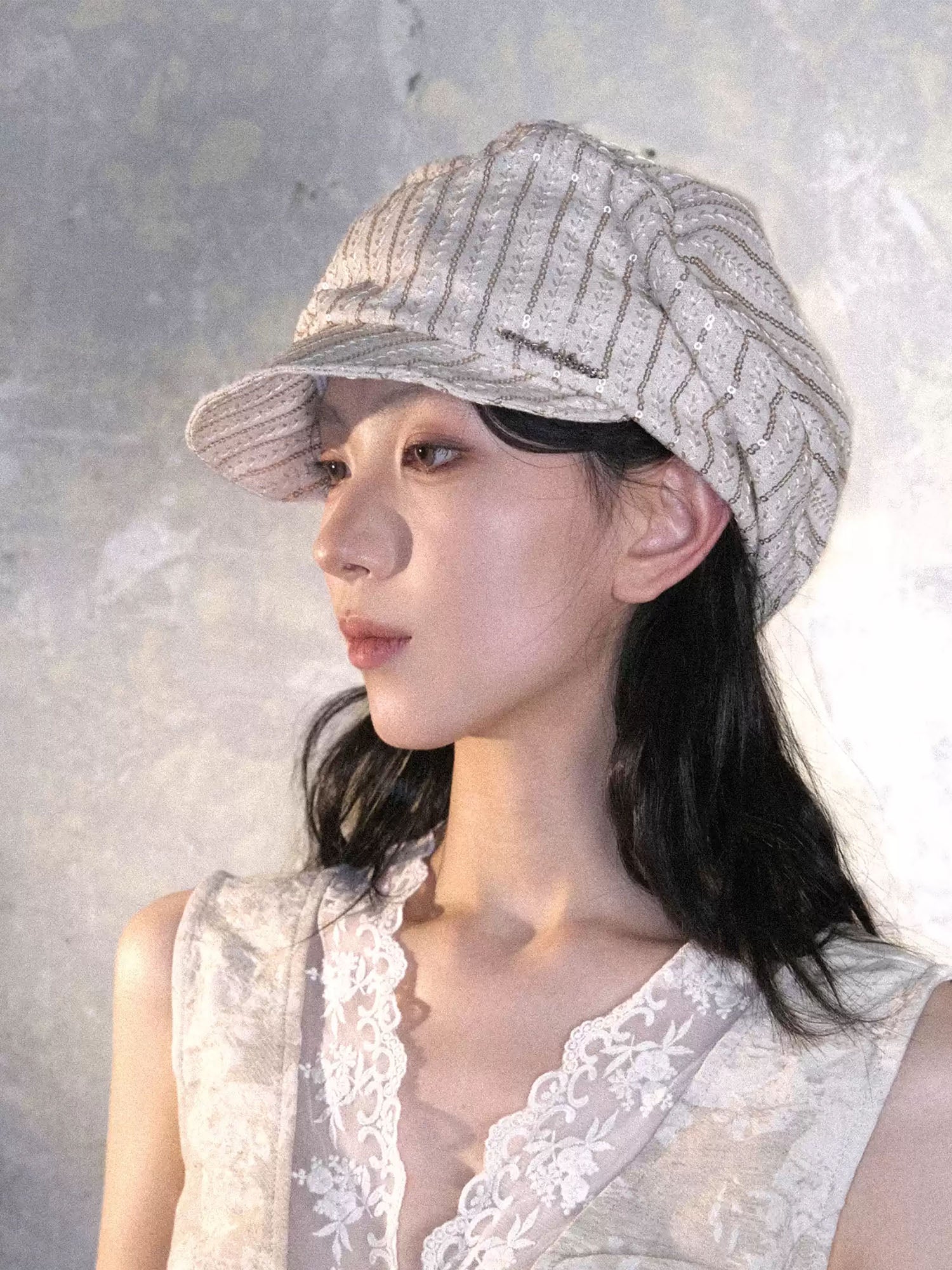 WHYNOTDANCE Sequin Embroidered Striped Newsboy Cap