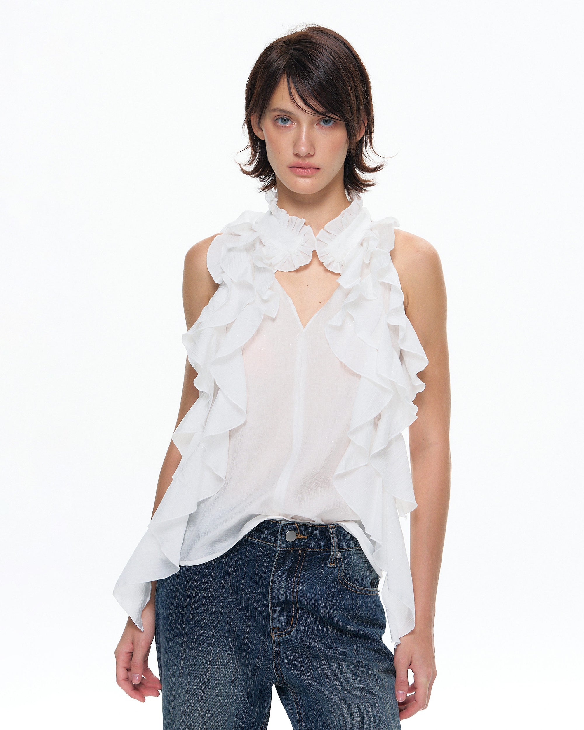 10AMSOTIIIIIIRED Tiered Ruffle Sleeveless Top & Asymmetric Skirt Set
