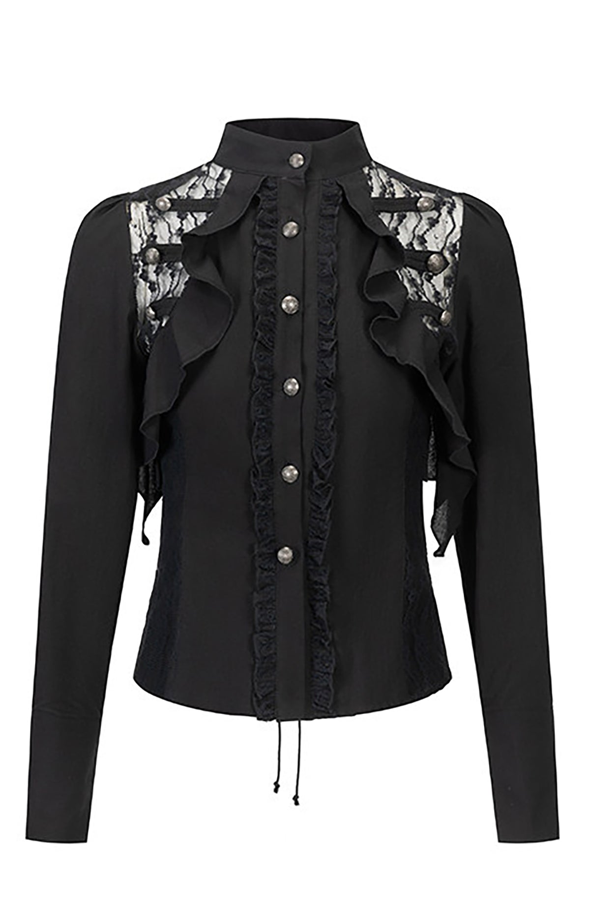 CESTNOUS Lace Ruffle Cinched-Waist Chiffon Spliced Shirt