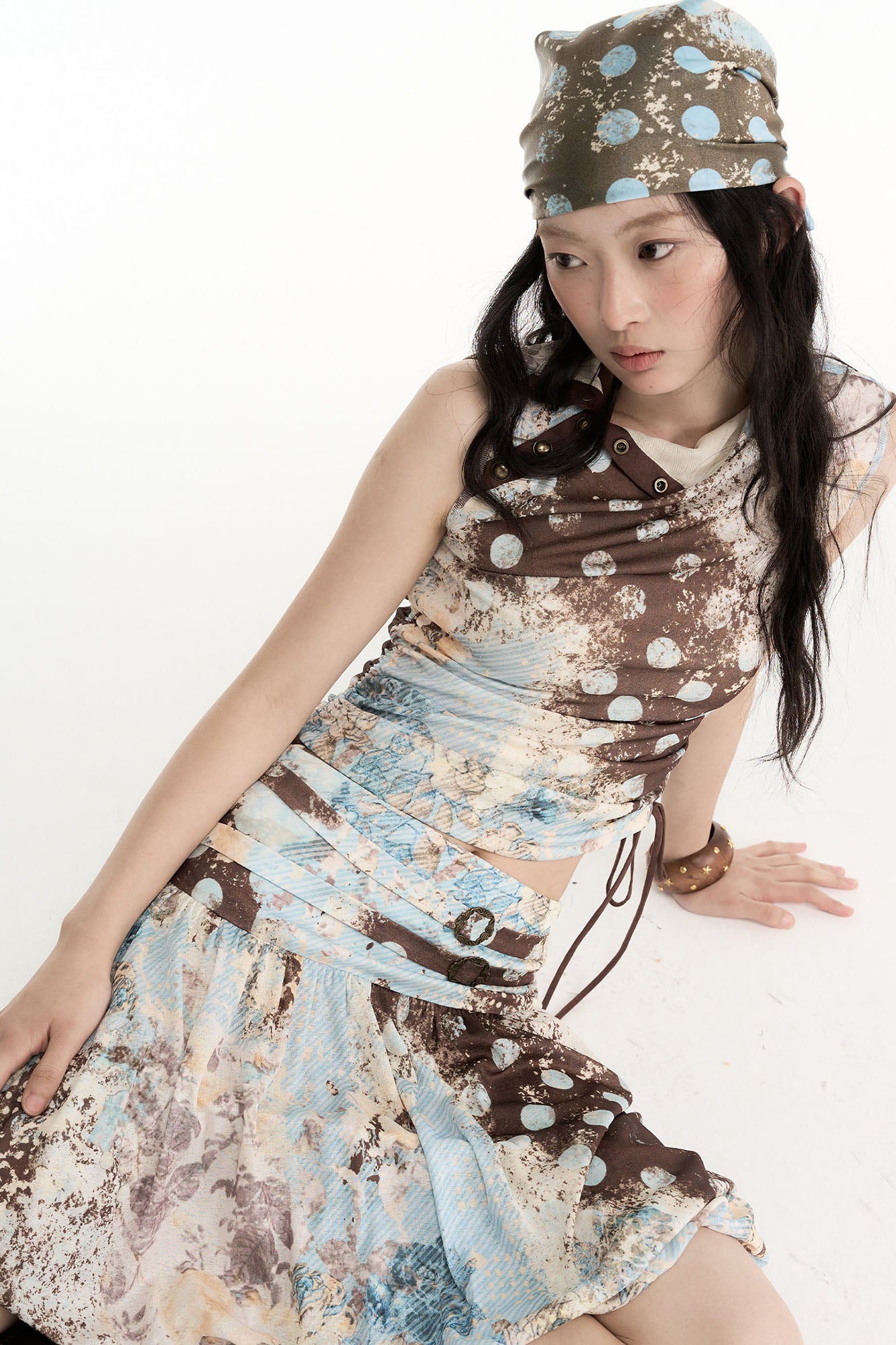 CONFUN Contrast Spliced Floral Drawstring Sleeveless Tee