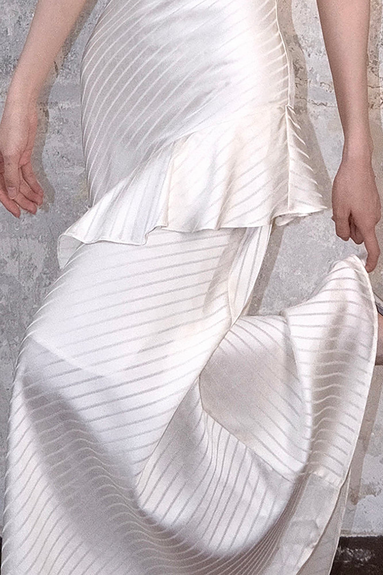 WHYNOTDANCE Satin Striped Ruffle-Hem Maxi Dress