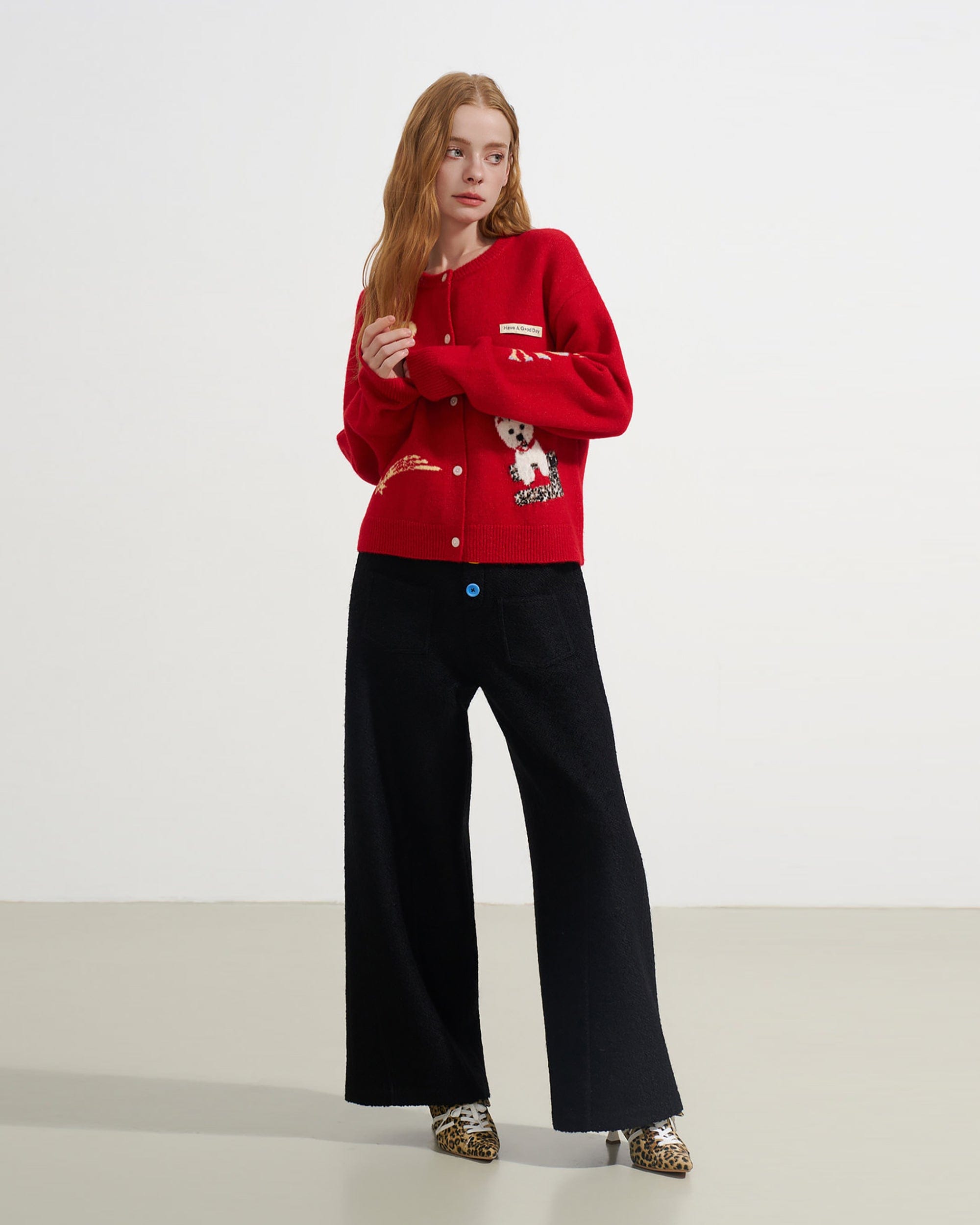 SOFITTE Wool-Blend Color Button Wide-Leg Pants