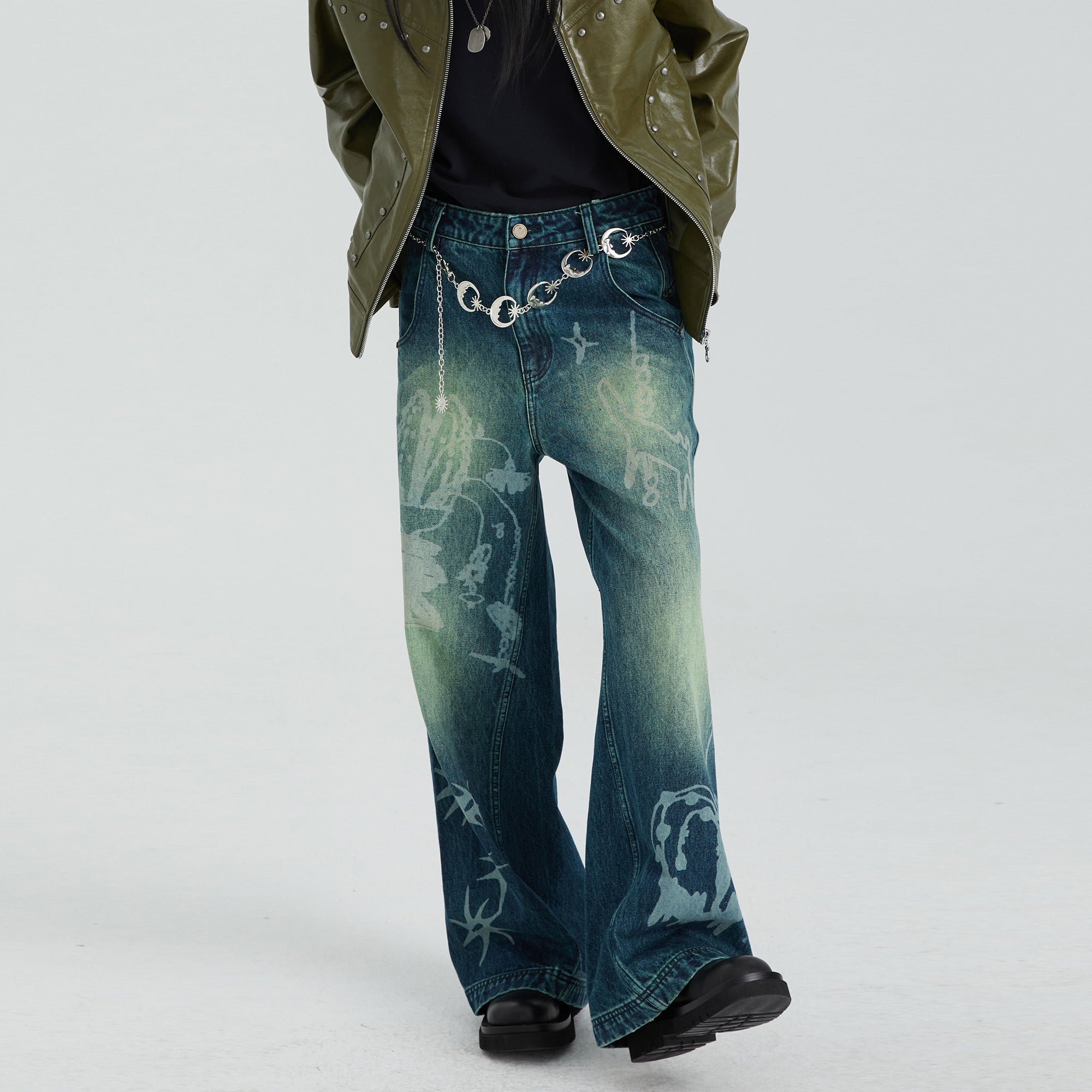 CONFUN Washed Full-Print Straight-Leg Jeans